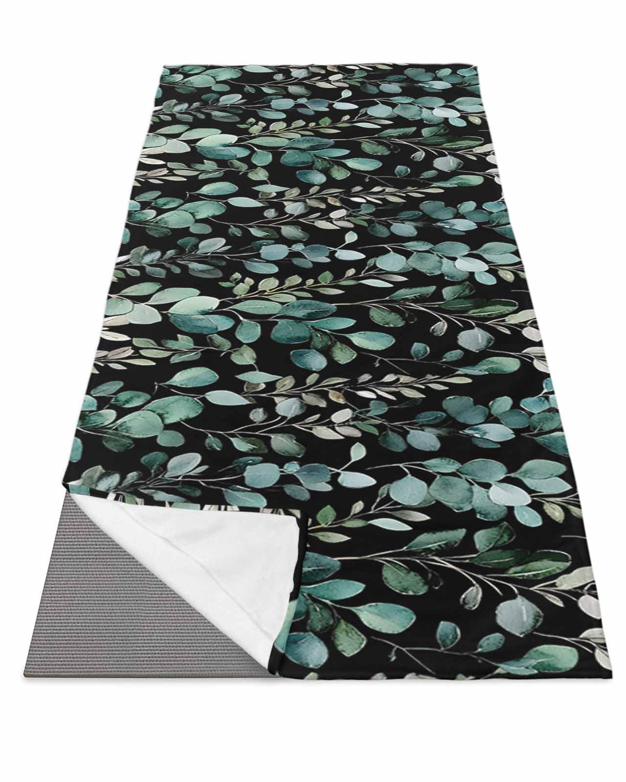 BOSIJOY Yoga Mat Towel,Spring Plant Watercolor Green Leaves Non Slip Sweat Absorbent Hot Yoga Towels with Corner Pockets,Botanical Leaf on Black Soft Microfiber Towel for Pilates Bikram 74