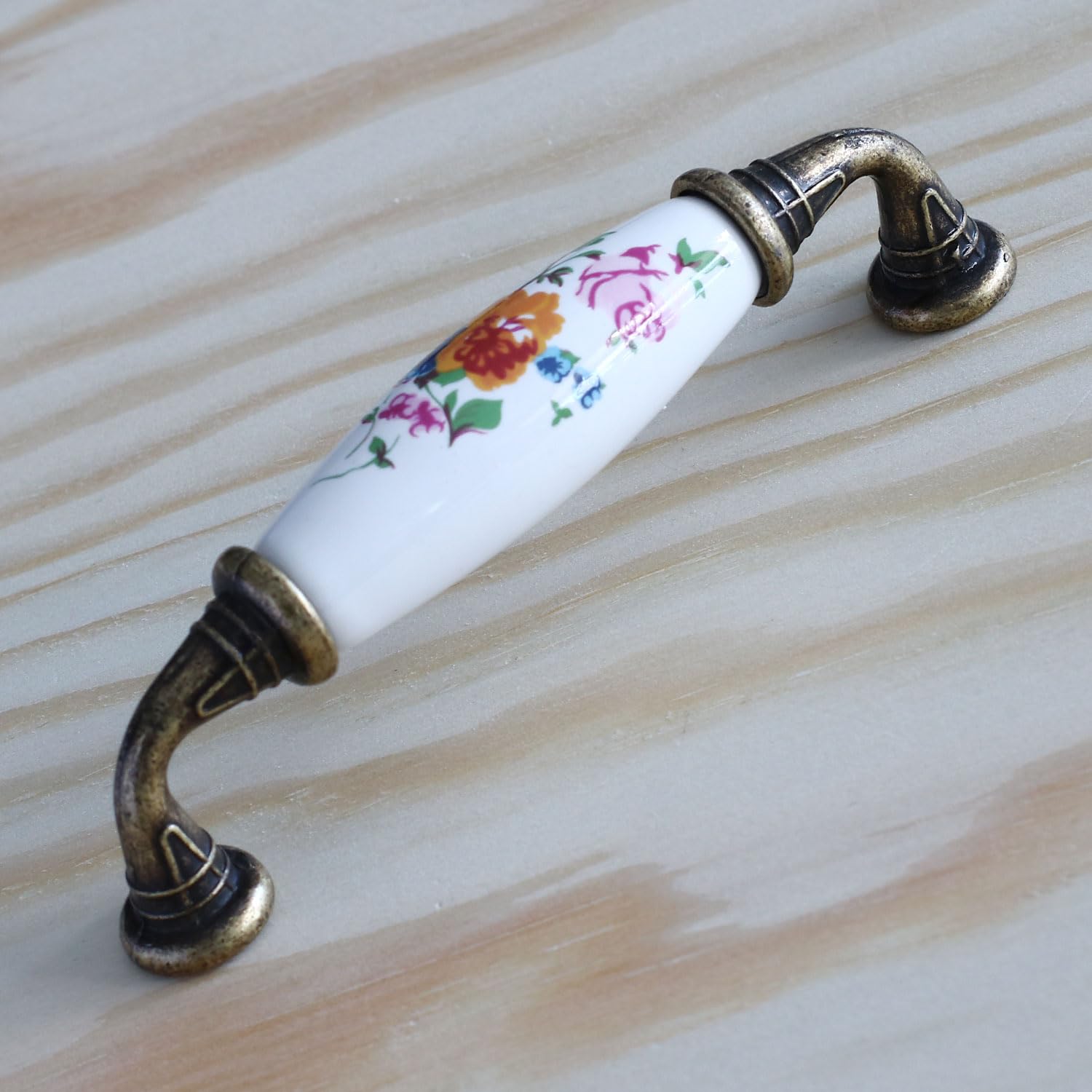 Badem10 Gerçek Porselen Kulp Çiçek Desen Beyaz 96 mm Mobilya Mutfak Kulplar Dolabı Çekmece Dolap Kapak Kulpu