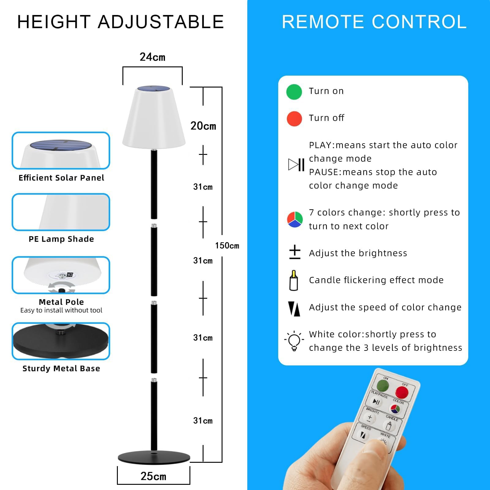 Lámpara de Pie Solar Inalámbrico Para Exteriores, Mandos a Distancia Blanco Cálido y RGB Regulable, IP44 Resistente al Agua Lámpara de Mesa Grande Para Jardín, Hotel, Patio (Negro)