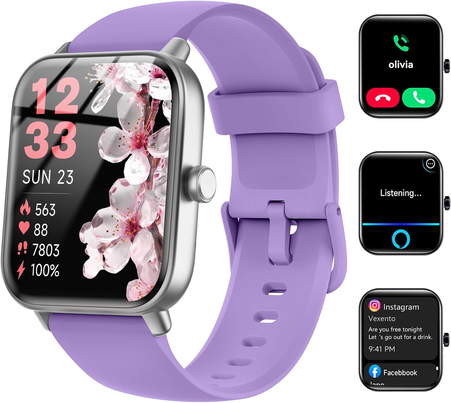 Quican Smart Watches for Women, Compatible for iPhone and Android Phones | 1.8″ Fitness Tracker Watch, Waterproof, Calling, Heart Rate/Sleep Monitor, Alexa, Gifts for Women, Silicone Band, Purple