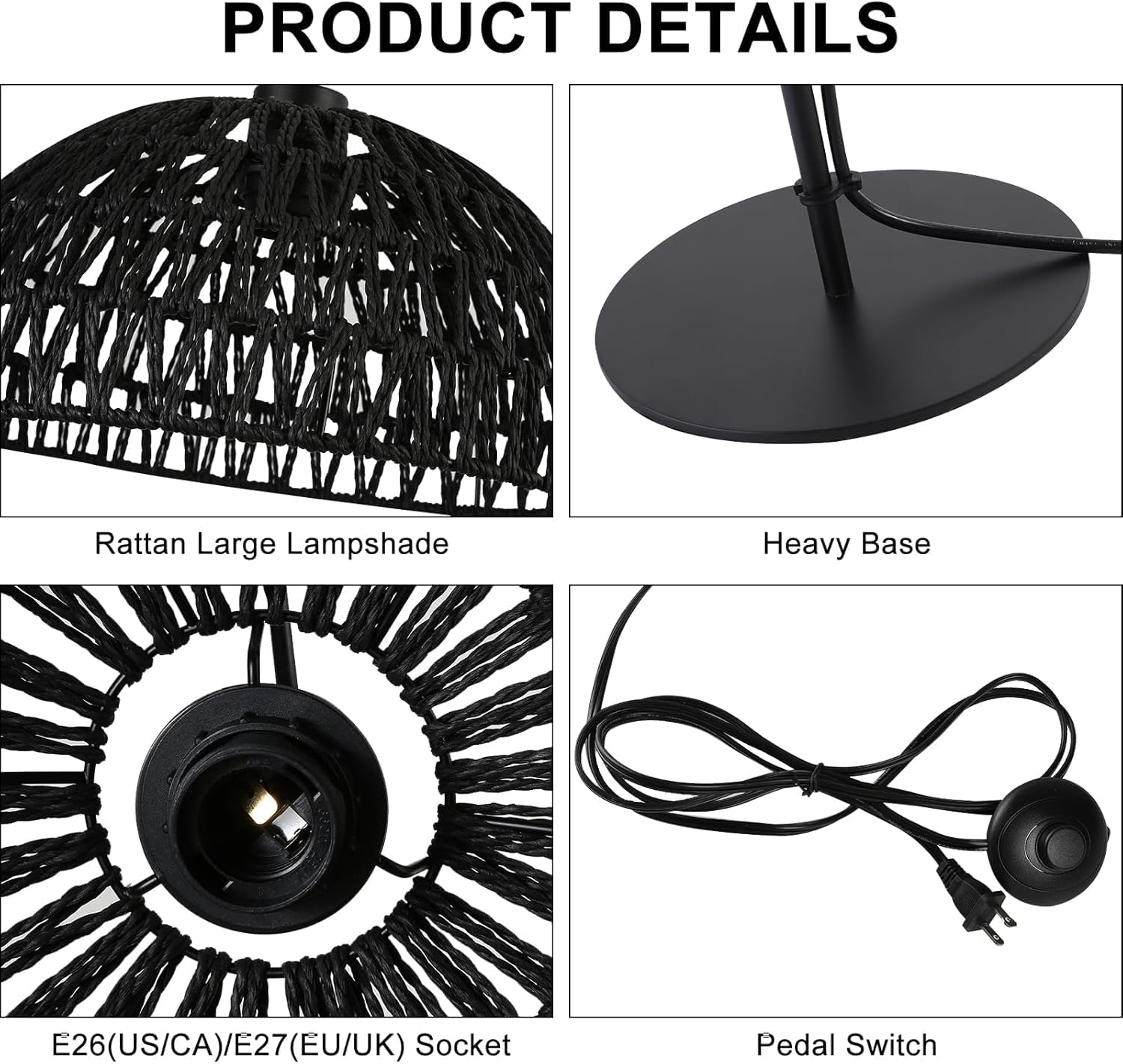 Alpinaluz Lampa Podłogowa E27 Czarny Pleciony Papier Czarna Podstawa 158 cm | Ręcznie wykonany klosz Ø32 cm, styl boho nordycki z wtyczką i przełącznikiem nożnym do salonu, sypialni i czytania
