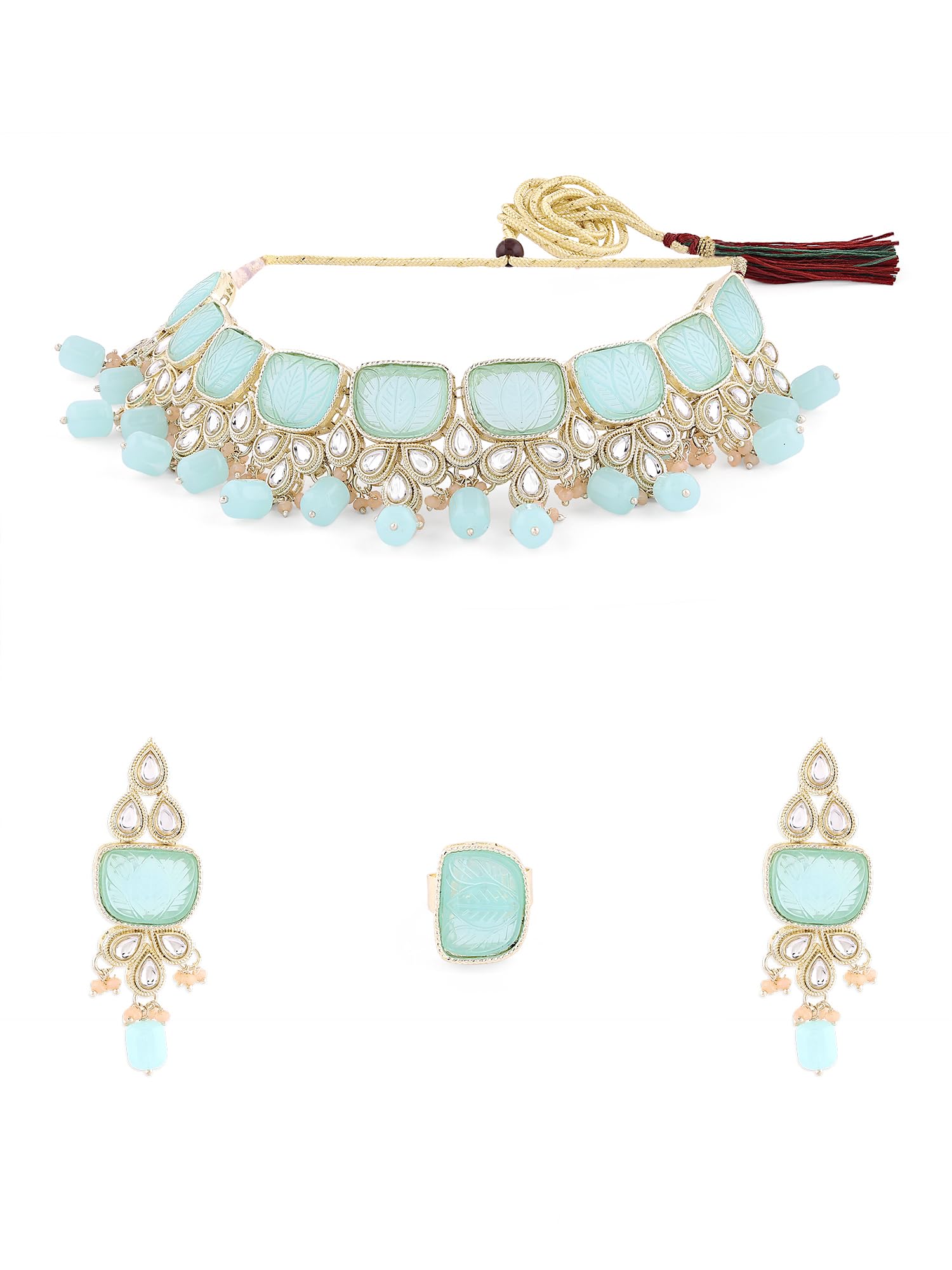 ZAVERI PEARLS Mint Green Peach Green Beads Kundan Choker Necklace Earring & Ring Set For Women-ZPFK16121 (B0C4TT59W1) Amazon Price History, Amazon Price Tracker