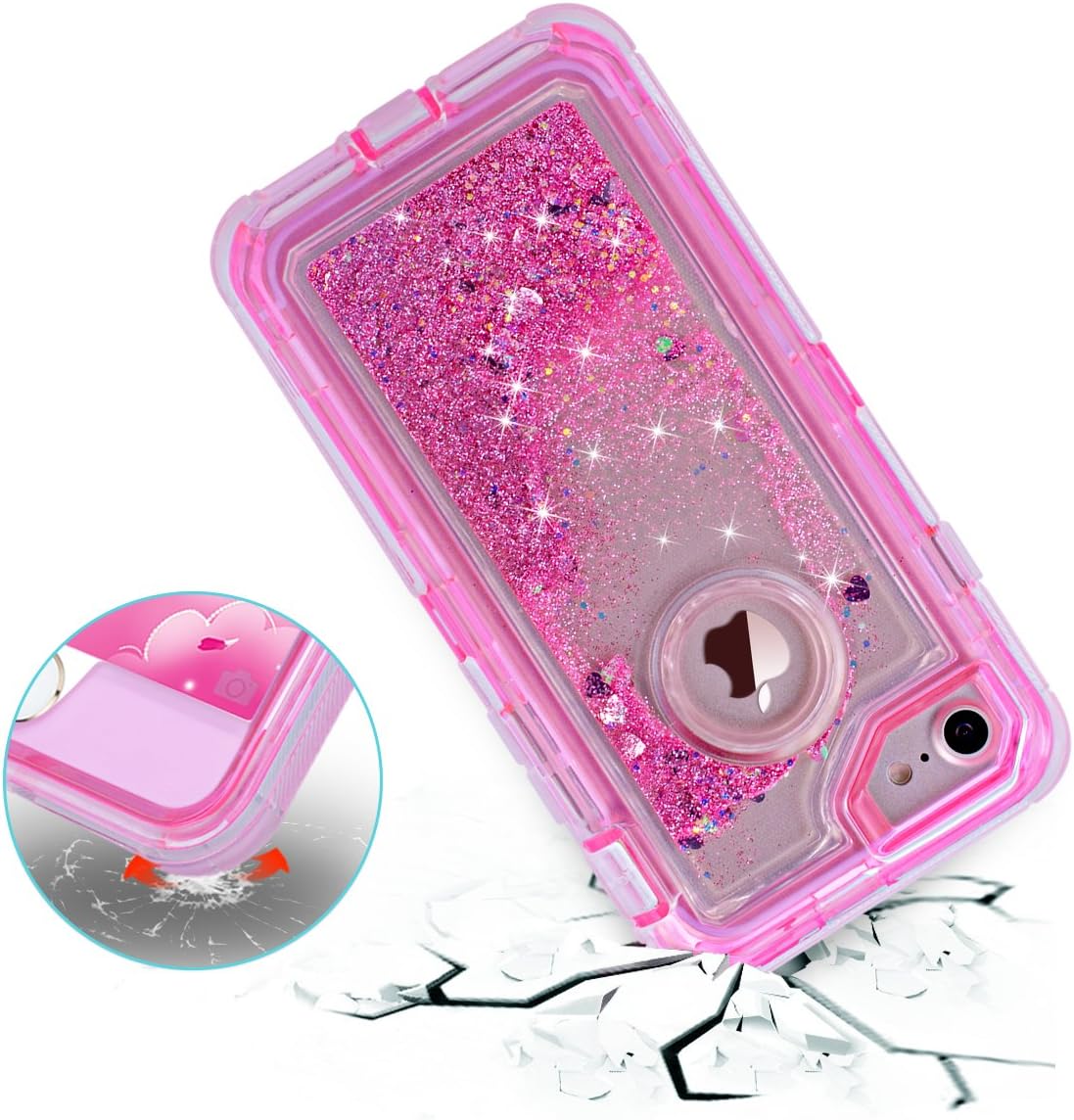 Dexnor iPhone 7 Case, iPhone 6S Case, Glitter 3D Bling Sparkle Flowing Liquid Case Transparent 3 in 1 Shockproof TPU Silicone Core + PC Frame Case Cover for iPhone 7/6s/6 - Pink