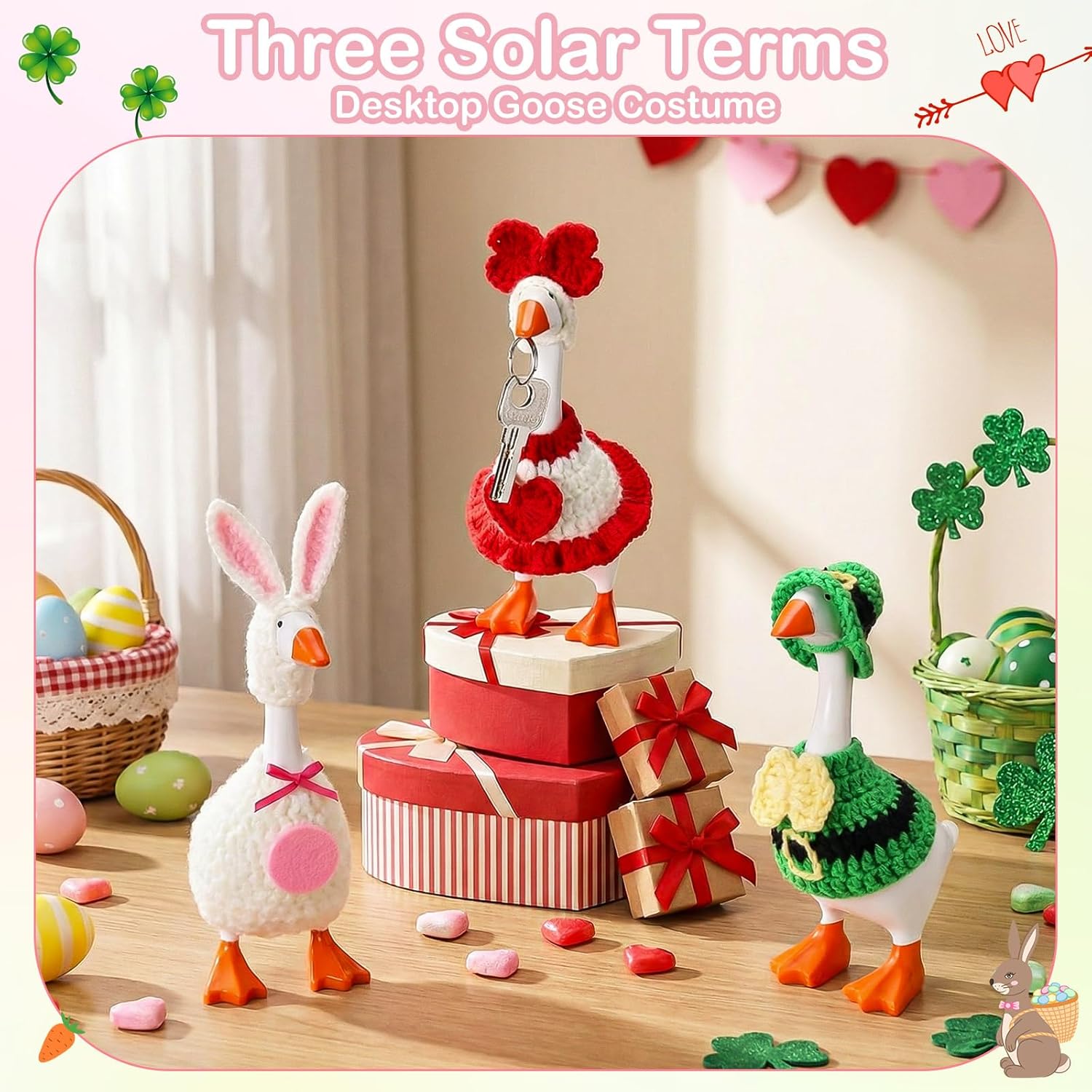 3 Sets St. Patrick's Day Easter Desk Goose Outfits Valentines 7'' Goose Costume with Heart Shamrock Bunny Hat(Crochet Style)