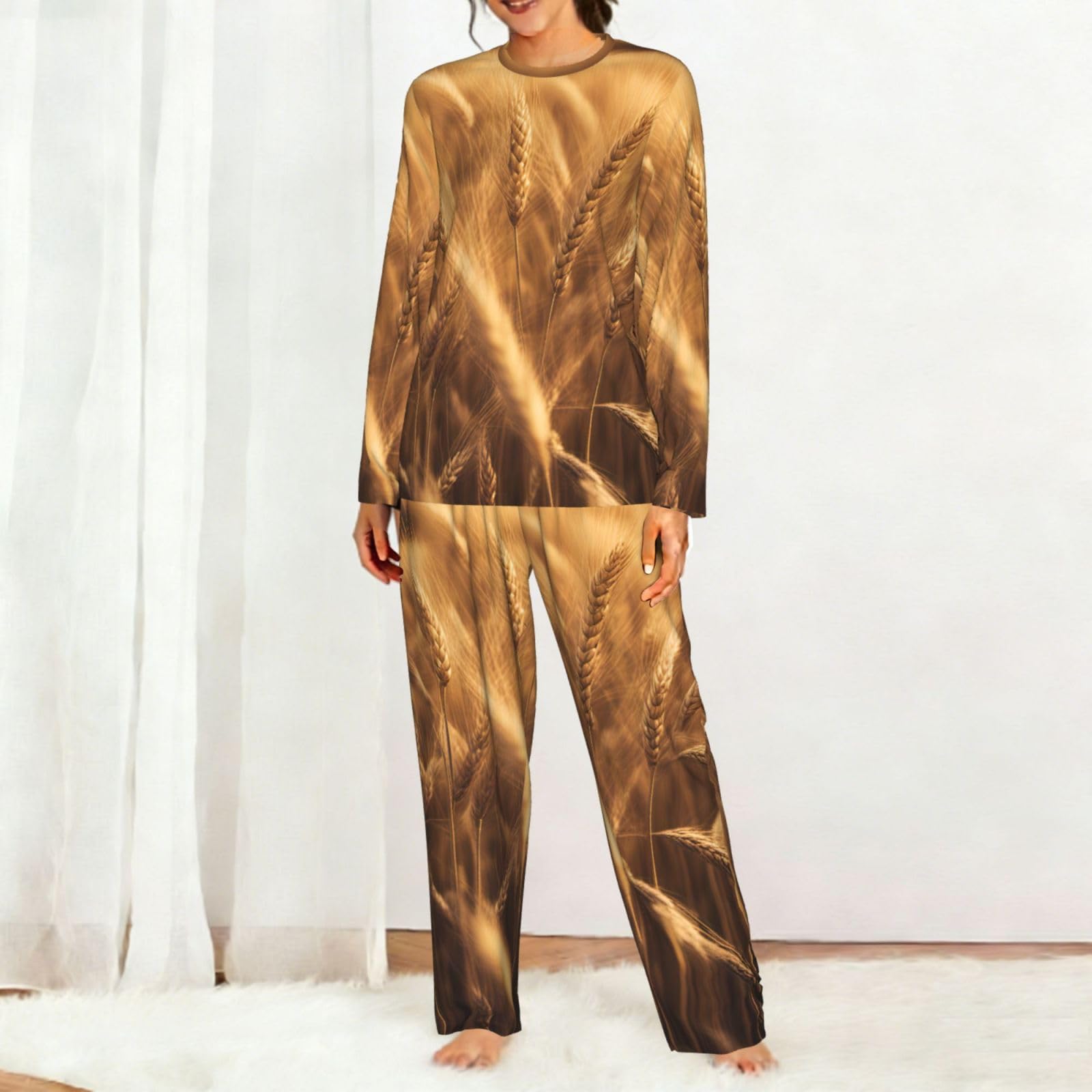 Pigiama da donna a maniche lunghe con stampa campo di grano morbido pigiama da spiaggia vacanza da notte regalo casual