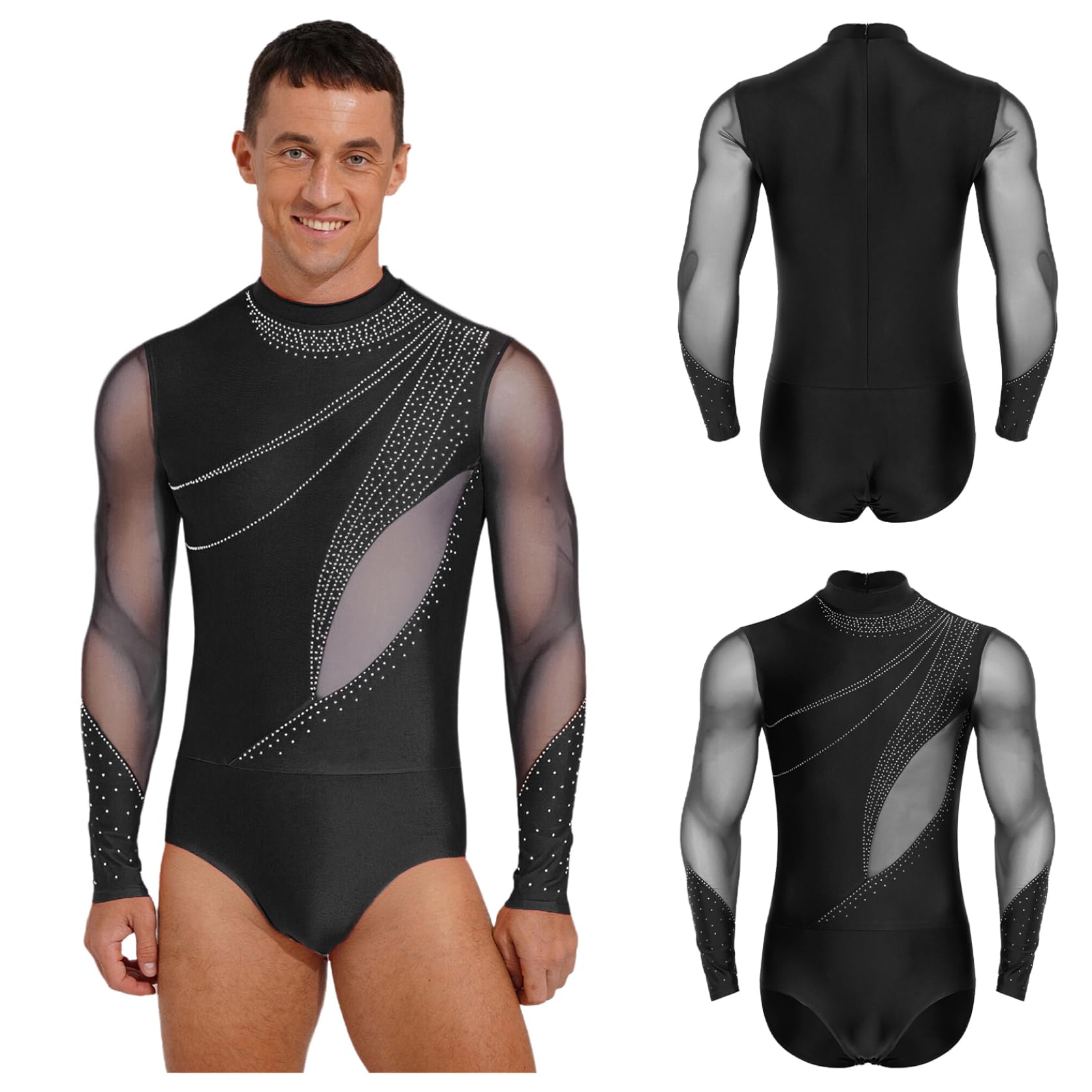 Hedmy Herren Latein Tanzbody Glitzer Mesh Langarm Turnanzug Trikot Gymnastik Lateinamerikanische Tanzkleidung Leotard