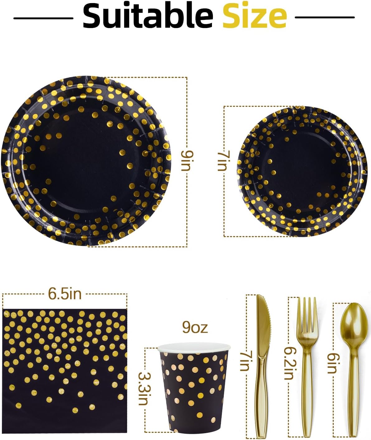 Lzerking 364 PCS Black and Gold Party Supplies, 52 Sets of Disposable Dinnerware Includes Paper Plates Cups Napkins, Plastic Knives Forks Spoons, Ideal for Birthday Graduation Wedding Festivals