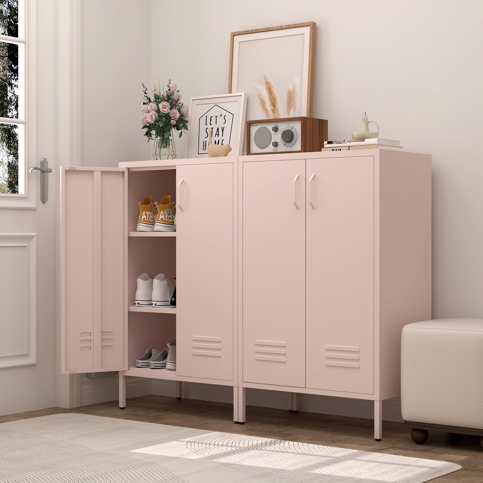 GREATMEET Metall-Lagerungsschrank, Lagerungsschrank mit rosa Akzenten, metallene Speisekammer-Schränke mit Türen, Lagerungsschrank für Wohnzimmer, Küche, Büro