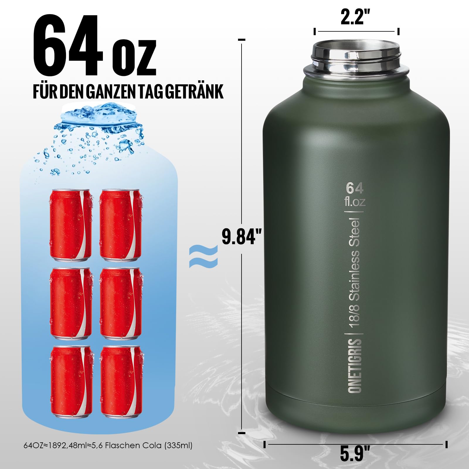 OneTigris Edelstahl Trinkflasche, Wasserflasche 1,9L Hohe Kapazität, Sportflasche mit gute Isolationswirkung für Fahrrad, Camping, Yoga, Gym, Softair, OD Grün, 64OZ