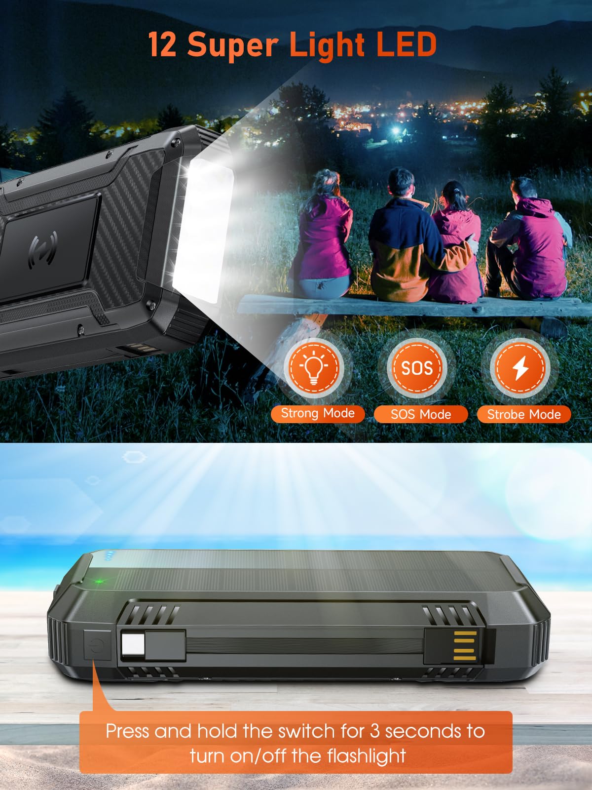 Power Bank Con Pannello Solare Nuynix 49800mAh, Ricarica Rapida 15W, 3 Porte, Torcia LED, Impermeabile IP67 Per Campeggio E Outdoor