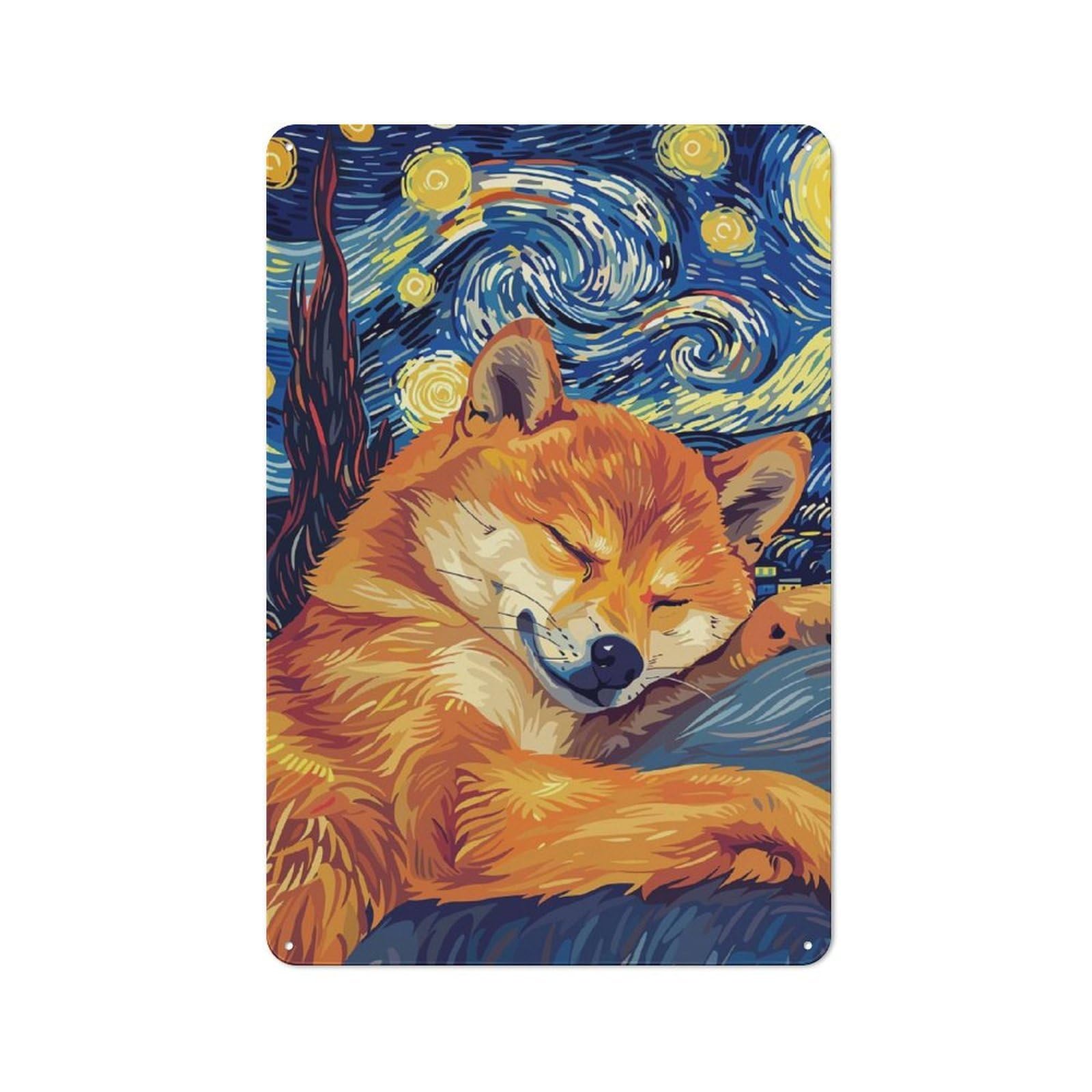 Junmoney Shiba Inu Starry Night Parody Art Rustic Metal Sign 30X20cm For Lounge Or Reading Corner, For Reading Corner Decorators