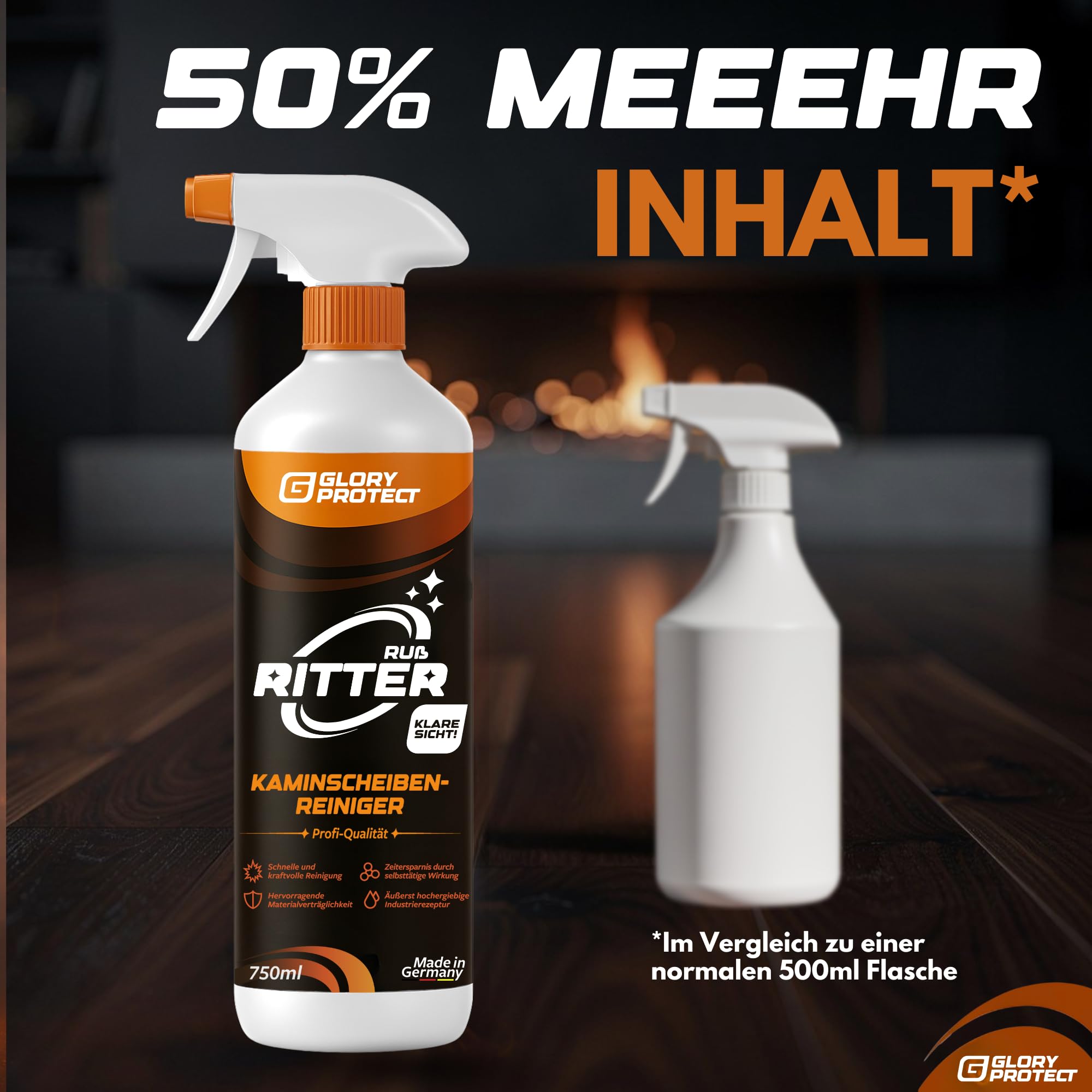 Kaminscheibenreiniger Klare Sicht 750ml XXL Flasche | Entfernt Ruß | Starker Reiniger für Kaminglas & Ofenglas | Sofortwirkung bei verrußter Scheibe, löst Fette & Verschmutzung