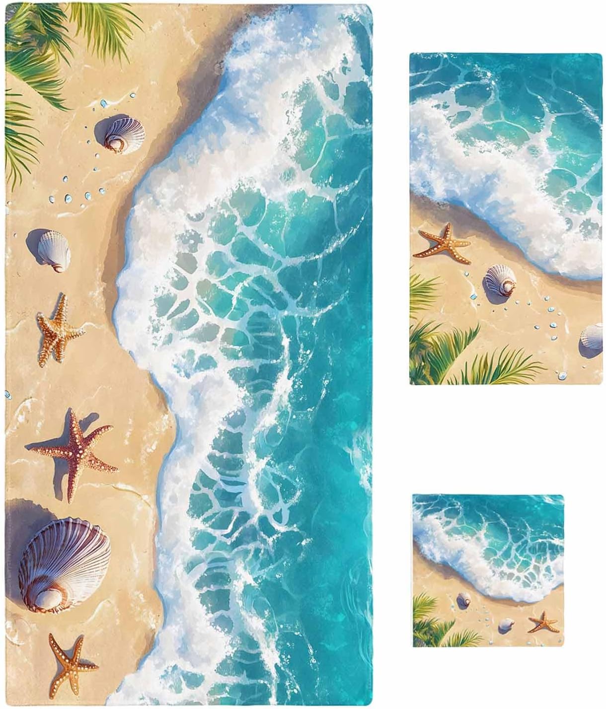 Bath Towel Sets, Summer Beach Starfish Shell Bathroom Towels Soft Hand Towel Washcloth Cotton Towel Set,Absorbent Soft Bath Set for Hotel Beach Pool Coastal Blue Gradient Ocean Towels