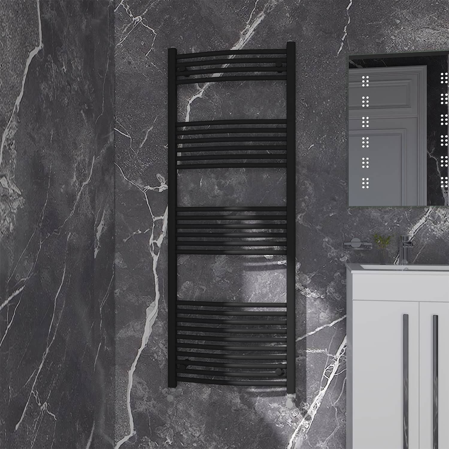 NRG Black Curved Central Heating Towel Rail Bathroom Heated Rad Radiators Ladder Warmer - 1600×600mm