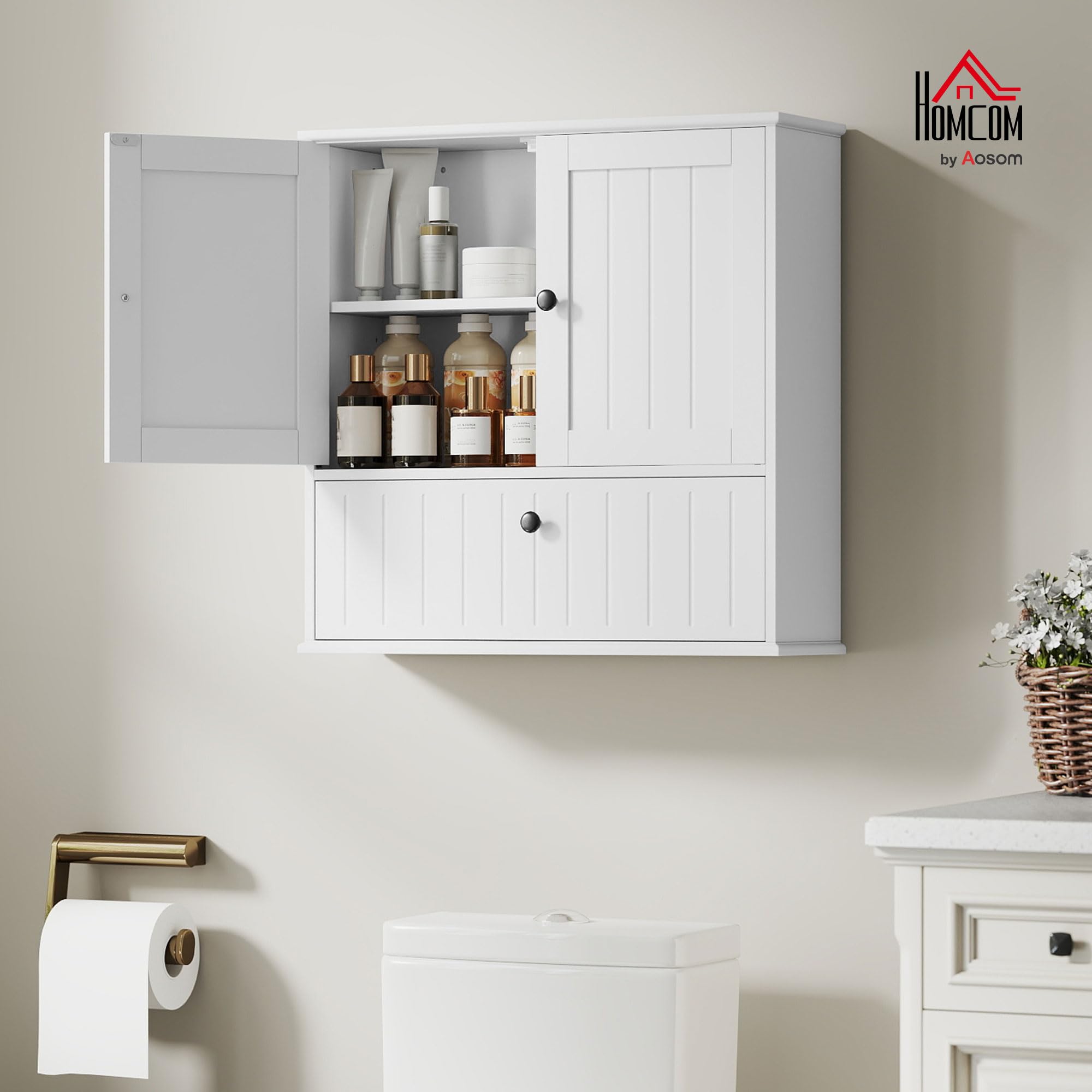 HOMCOM Armario de Baño de Pared, Estante Ajustable, Doble Puerta, Blanco | Mueble de Baño Colgar Rústico, Puerta Abatible, Cierre Magnético, para Cocina, Lavadero, sobre el Inodoro