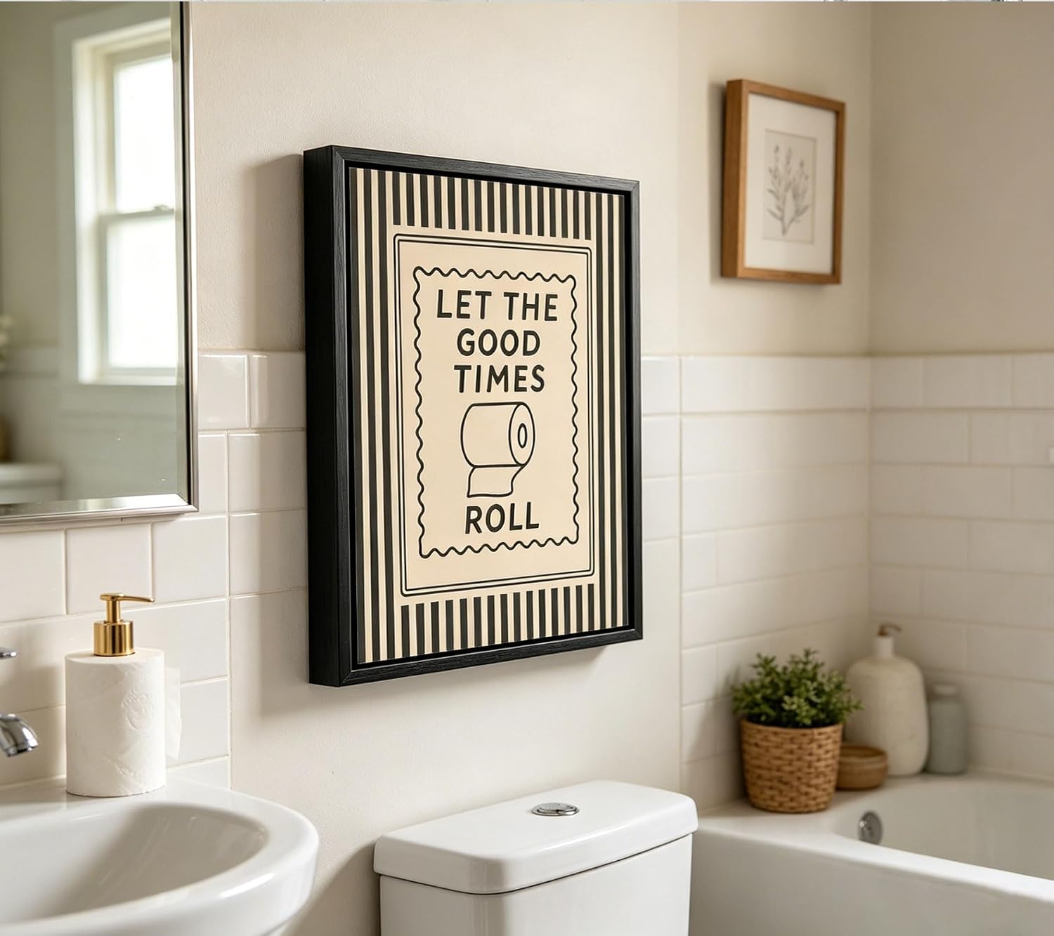 Black Floating Framed Let The Good Times Roll Bathroom Canvas Wall Art Funny Toilet Quote Painting Picture Wall Decor Downstair Stripes Bathroom Poster Print Artwork for Toilet Home Decoration 8x10in