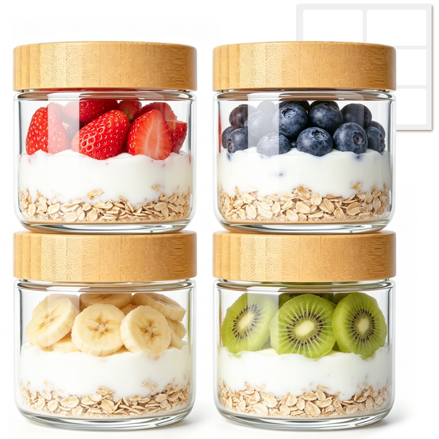 ComSaf Overnight Oats Jar 300ml, 4 Pack Small Glass Jars with Bamboo Lids, Leakproof Overnight Oats Container, Portable Yogurt Pot for Make-Ahead Snacks, Light Breakfast, Fruit, Cereal and Dessert