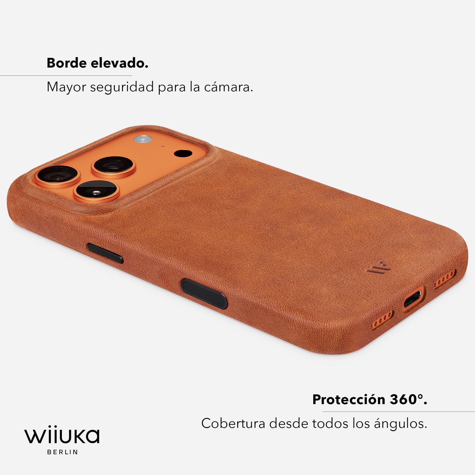 WIIUKA Funda para iPhone 17 Pro Max, piel de Alemania, protección de 360°, funda de piel extra fina, funda premium para teléfono móvil, funda Qi, skiin More VL, coñac vintage
