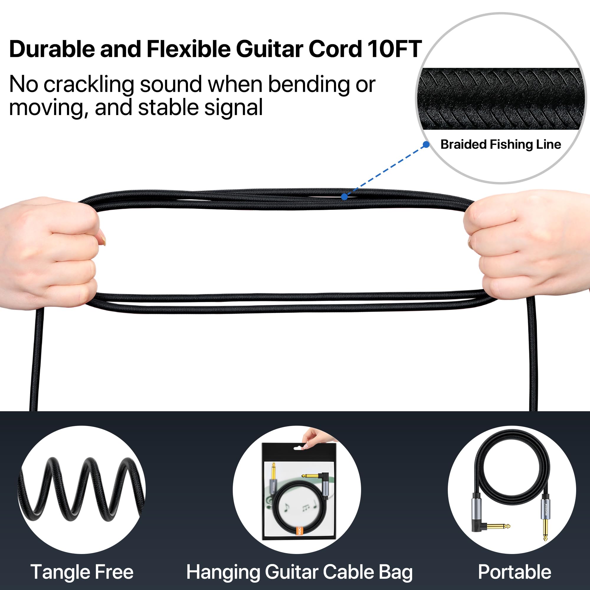 NUOSIYA Guitar Cable 10FT, Electric Instrument Bass AMP Cord 1/4 Inch TS Guitar Cables with OFC-Graphene Hybrid Shield for Electric Mandolin, Pro Audio (Straight to Right Angle)