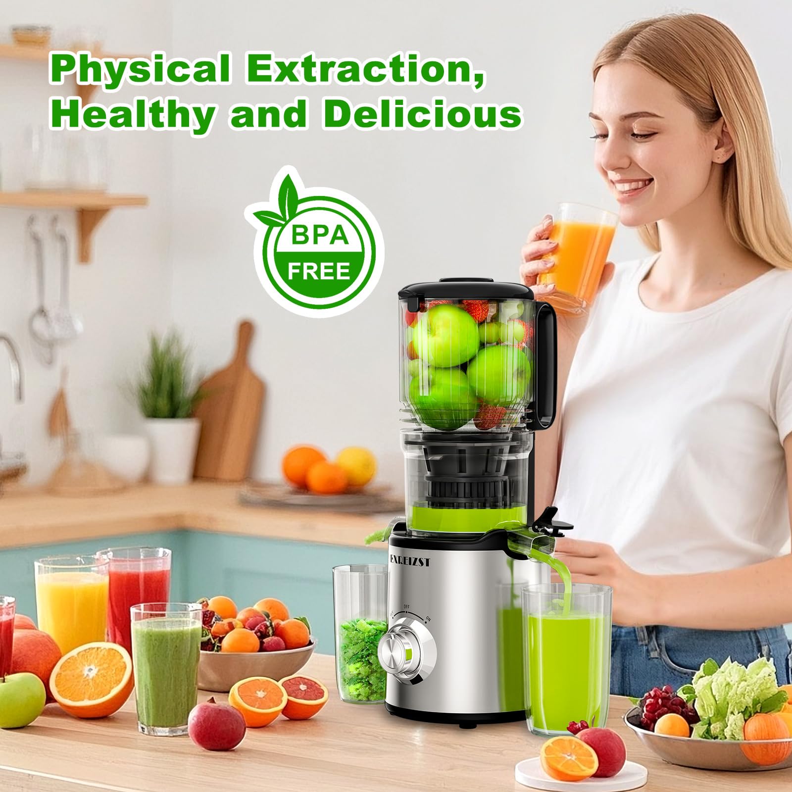 Exreizst Slow Juicer MP-802P 130mm Einfüllschacht 1,5L BPA-frei Tritan Leiser Motor