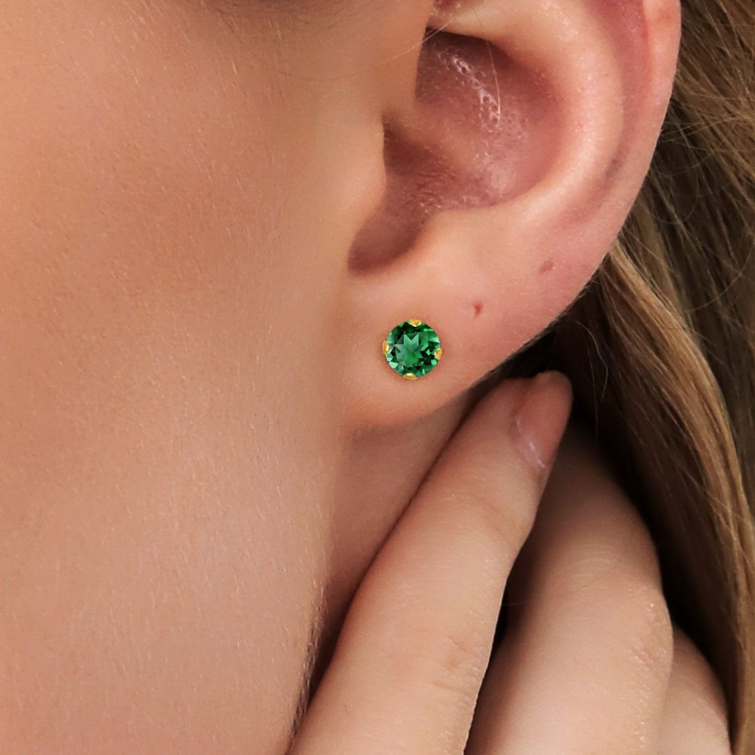 Gem Stone King 14K Gold Gemstone Birthstone Solitaire Stud Earrings | Round 6MM | Gold Earrings For Women Men