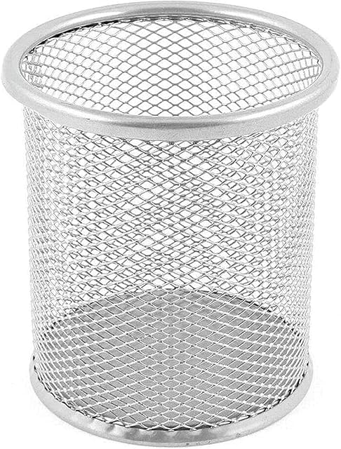 ZYBUX - Mesh Pen Holder - Desk Bin Pencil Pot | Pen Holders Desk Tidy |Desk Acessories Pencil Organiser and Makeup Brushes Storage , Gifts For Her/Him - Round Desk Stationery Gifts | (Single, Silver)