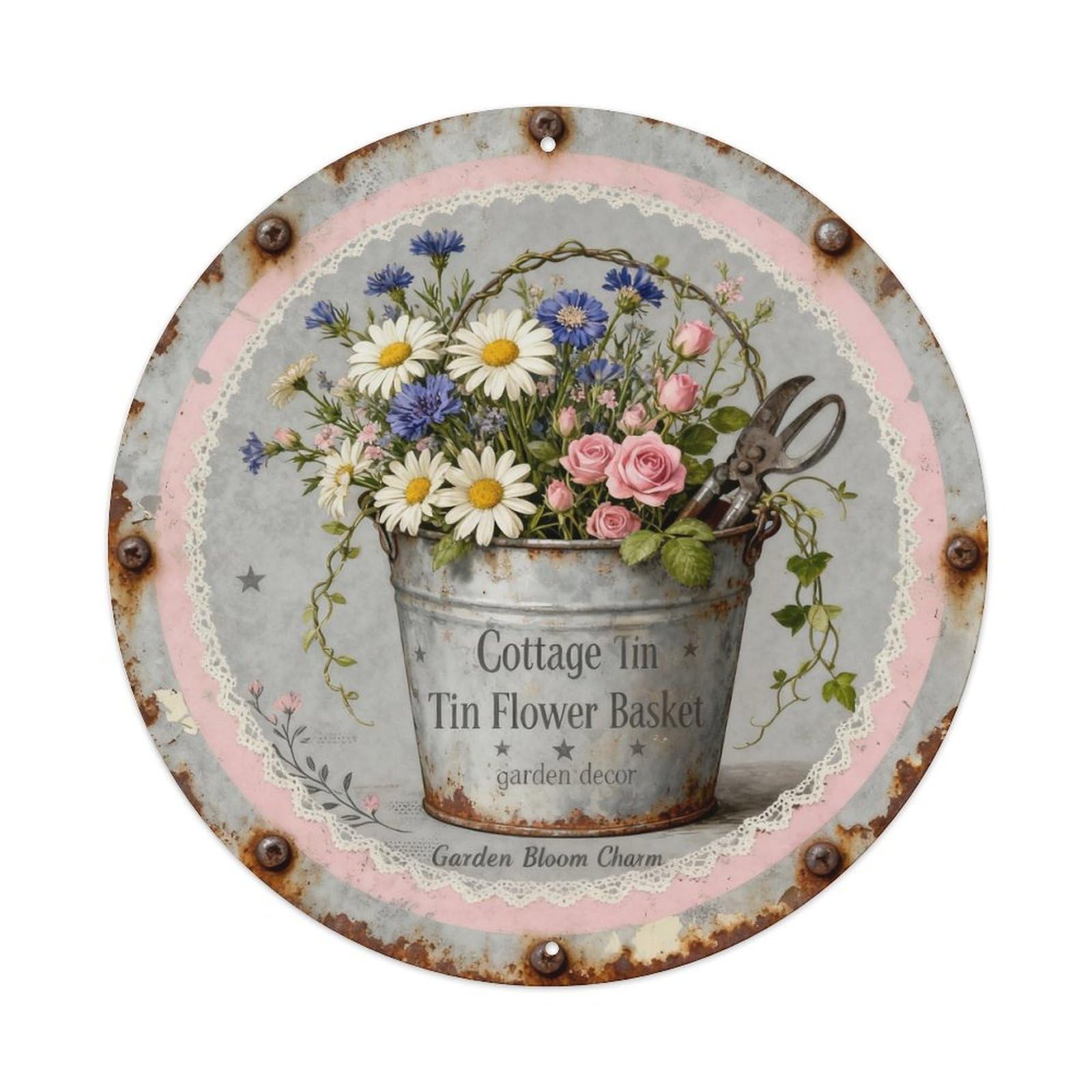 Cottage Tin Flower Basket Metal Tin Sign Plaque