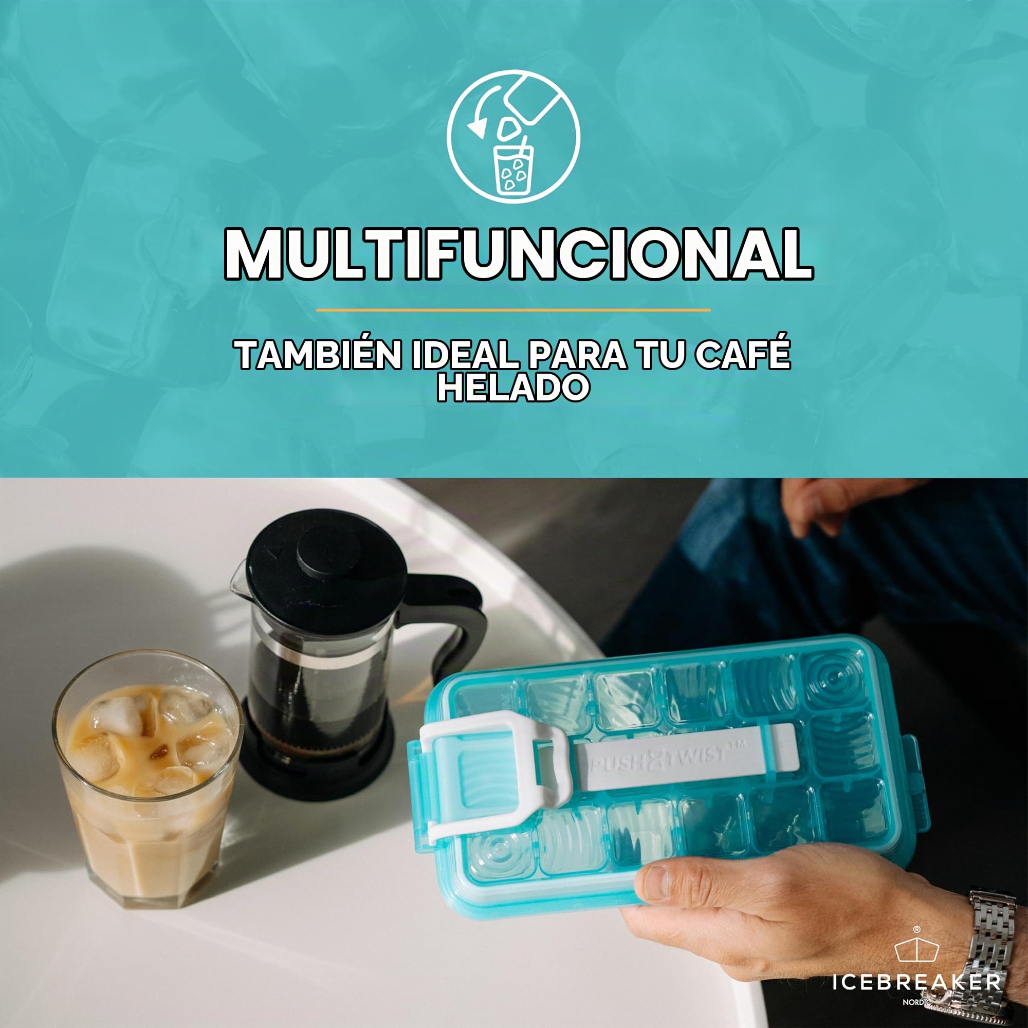 ICEBREAKER NORDIC Push & Twist - Bandeja de cubitos de hielo con tapa (cubitos de hielo de 18 x 3 pulgadas), bandejas de cubitos de hielo para congelador con tapa, moldes de hielo sin tacto, a prueba
