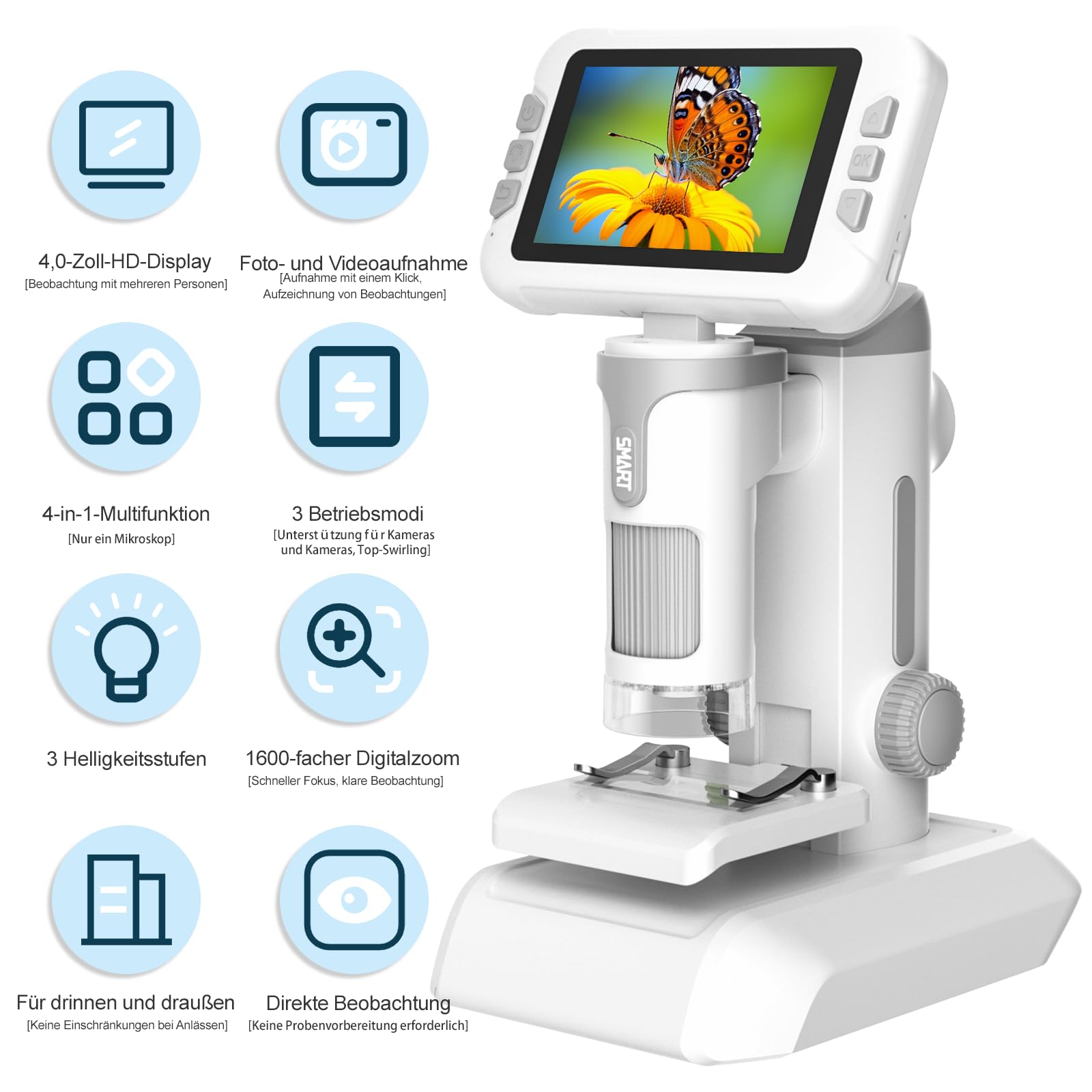 4,0" IPS Digital Mikroskop 1600X, 1080P Tragbares Handmikroskop mit Foto- und Videoaufzeichnung, 32 GB Karte, LED-Licht, Objektträgerproben, Wiederaufladbar USB-Mikroskop für Kinder/Erwachsene