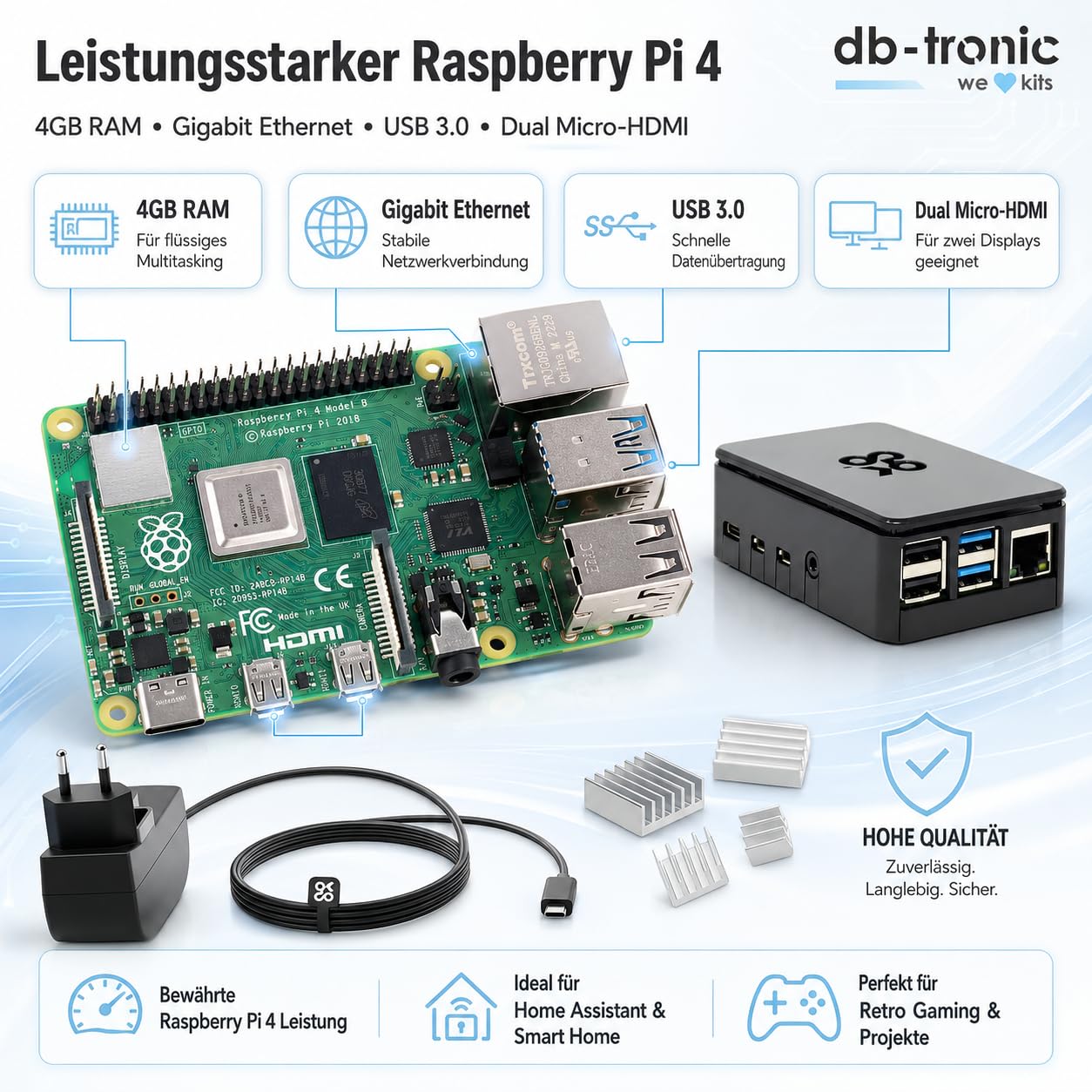 db-tronic OKdo Raspberry Pi 4 Model B Kit de démarrage 4 Go - Bloc d'alimentation 15 W - Boîtier noir - Dissipateur thermique - Idéal pour la maison intelligente, le jeu rétro et l'assistant à