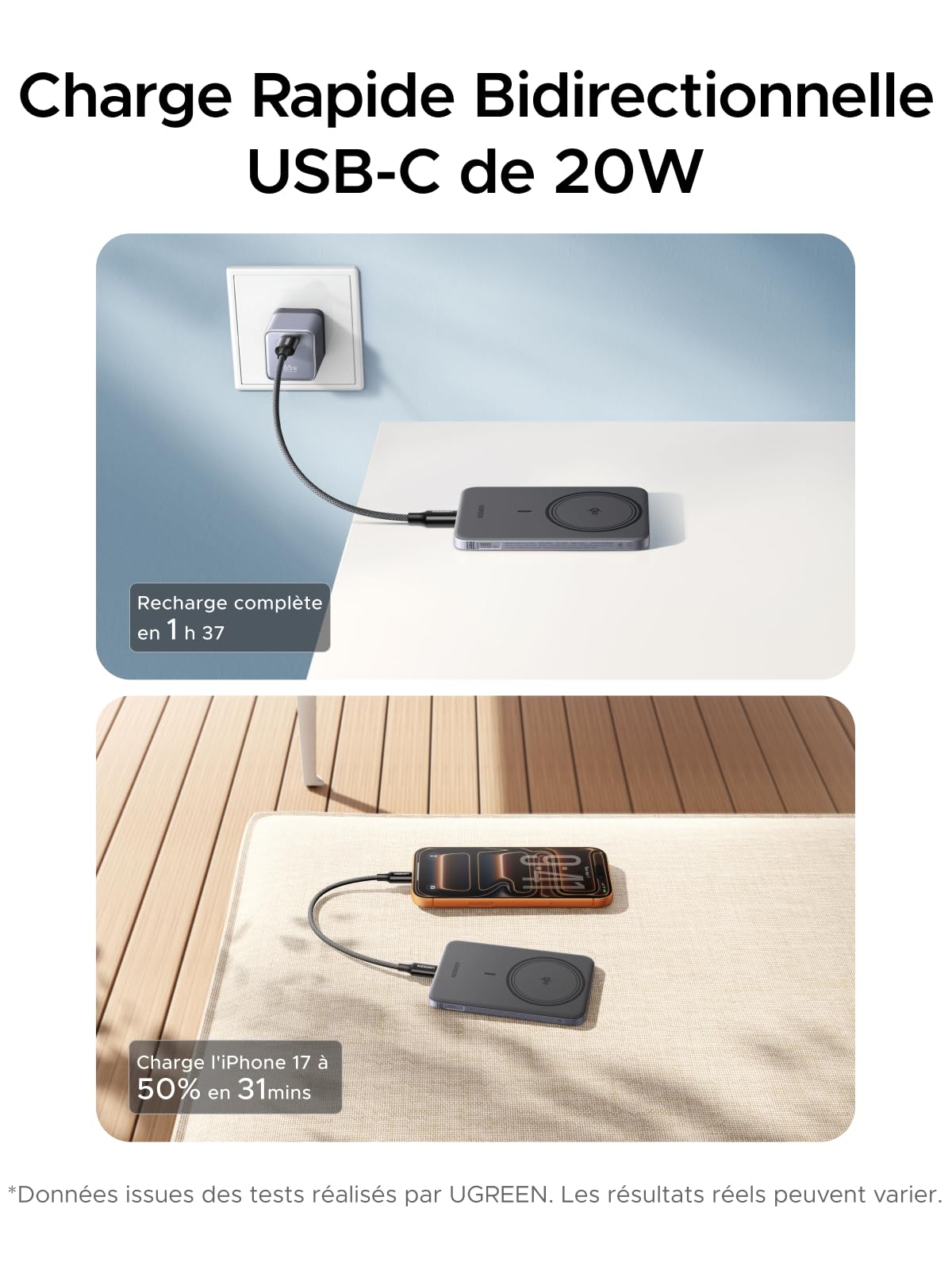UGREEN MagFlow Air Qi2 15W Ultra Slim Power Bank MagSafe 5000mAh (Gris) | Batterie Externe USB C PD 20W Charge Rapide, Chargeur Magnétique Compatible avec iPhone 17 16 15 14 13 12 Air Plus Pro Max