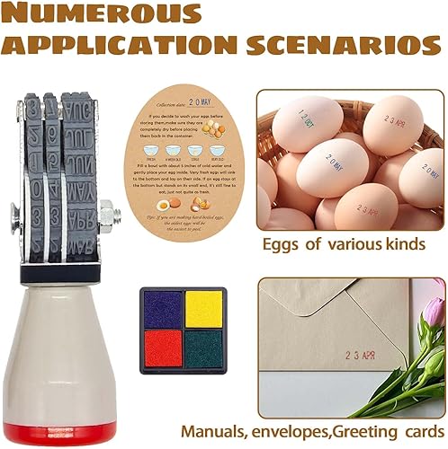Miniatura 6 de Sellos de fecha de huevo para huevos frescos, con una almohadilla de tinta de cuatro colores, 50 Instrucciones de huevos frescos de granja, Kit de