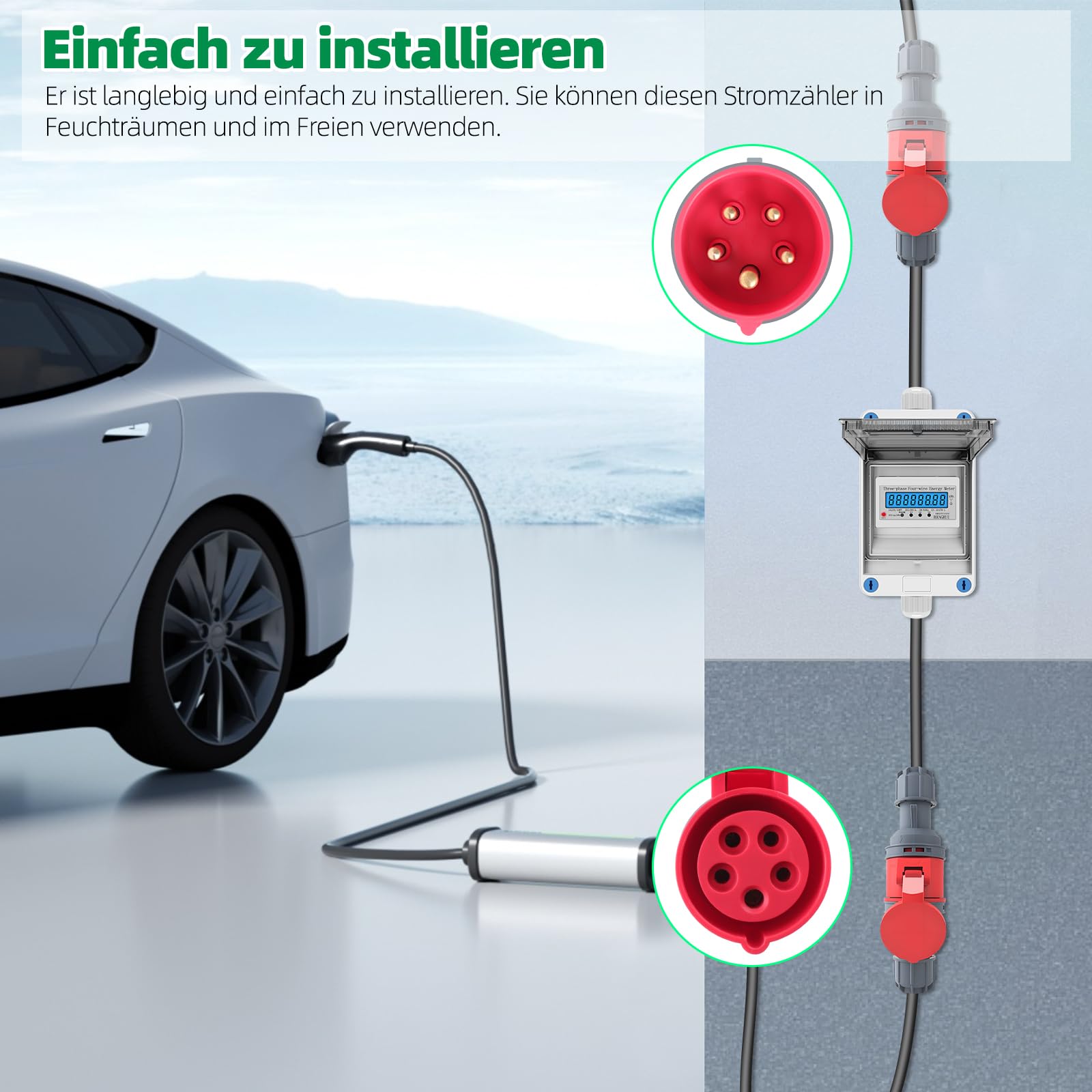 Mobiler Digitaler Stromzähler 3 Phasen 16A 400V CEE Stecker Kupplung IP68 2m Kabel