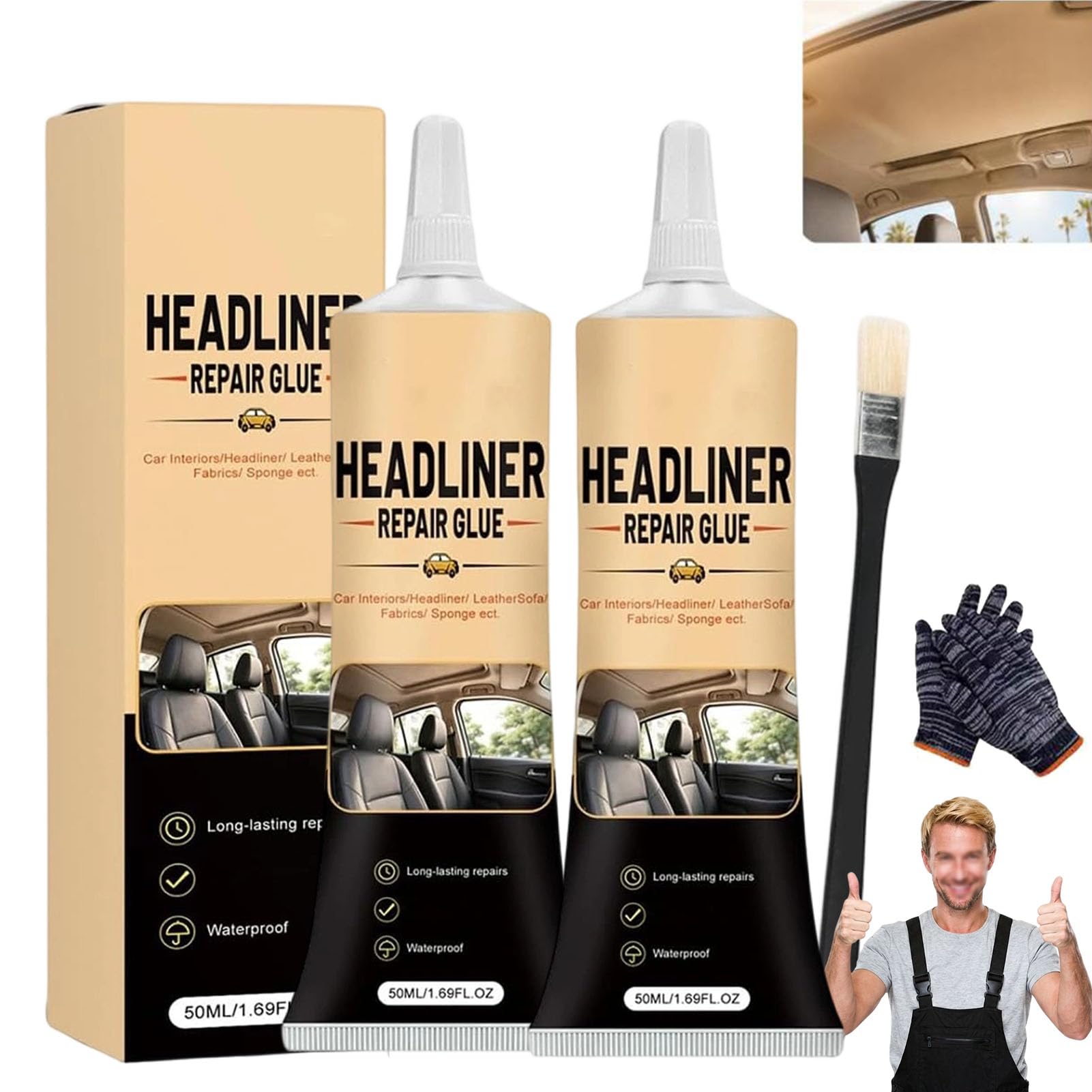 Waterproof Car Headliner Repair Glue, High Strength Adhesive for Sagging Car Ceiling & Interior, Car Headliner Repair Adhesive, Multi-purpose Heavy-Duty Adhesive with Applicator，2Sets