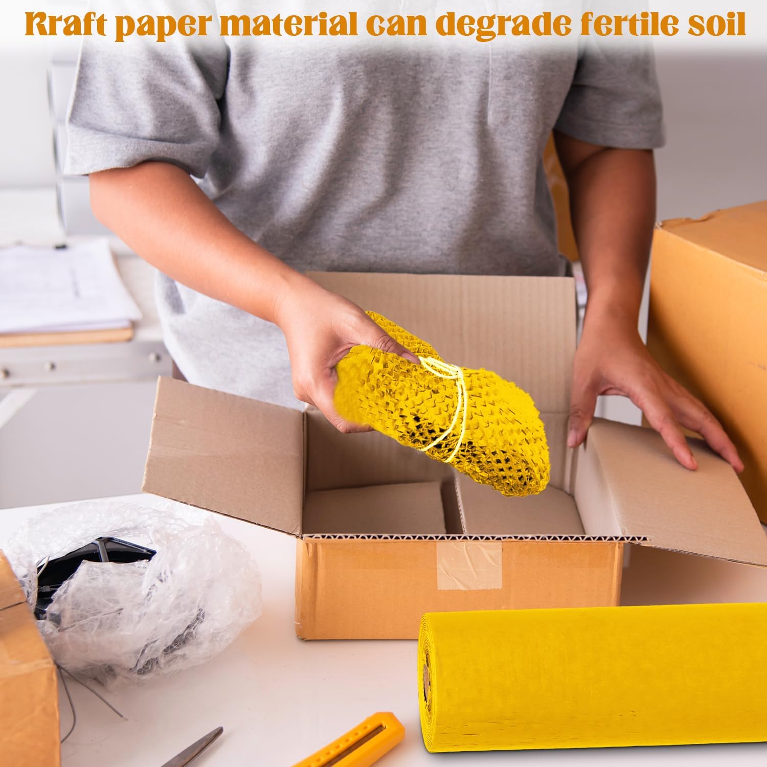 Honeycomb Packing Paper, Kraft Bubble Wrap for Shipping & Moving, Recyclable Cushioning Wrap, Sustainable Packing Material, Protective Packaging for Fragile Items,11.5" x 164' Roll (Yellow)