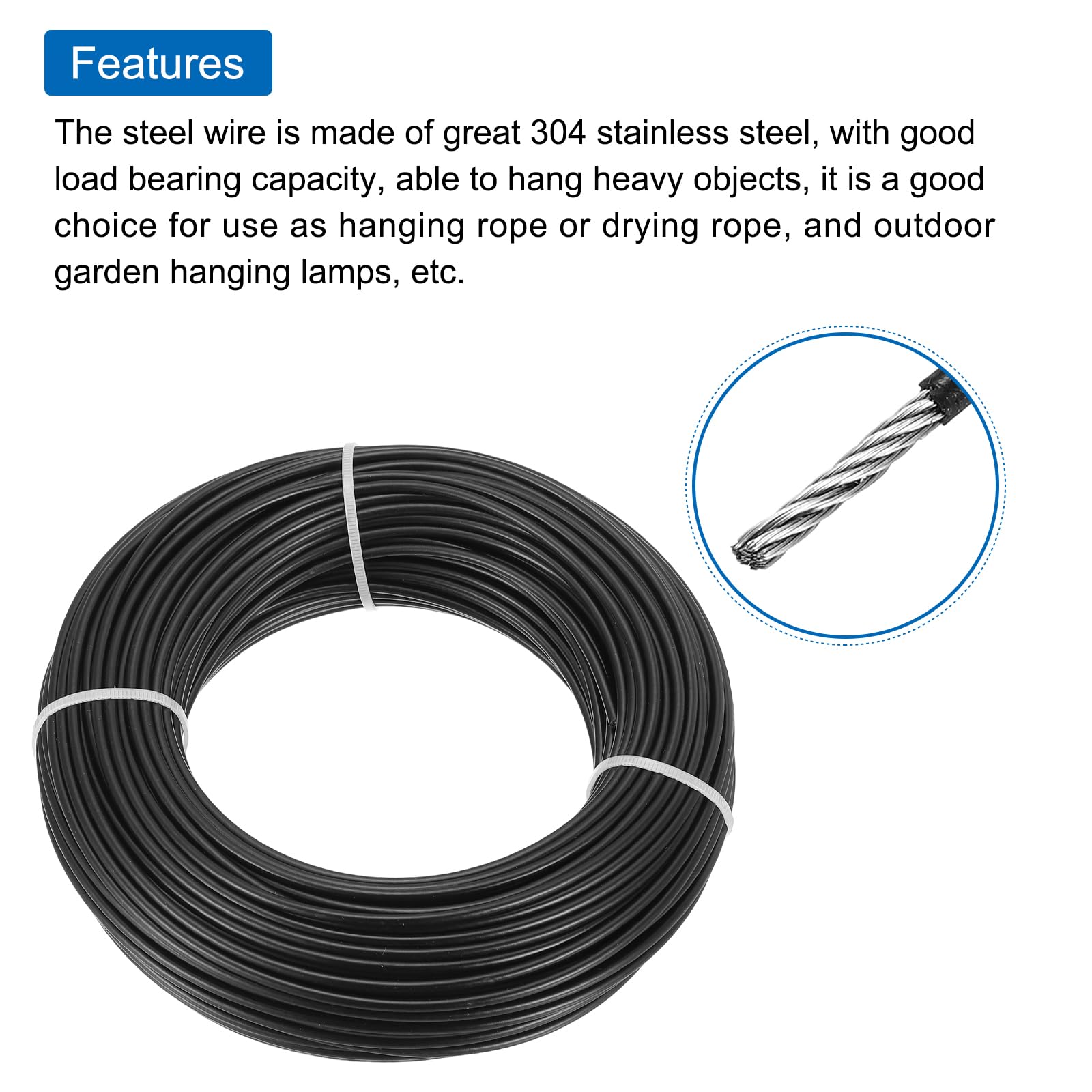QUARKZMAN Cavo In Acciaio Inox 304 Rivestito In Vinile 3mm (1/8") Con 20 Pezzi Di Manicotti In Alluminio E Girella Per Ringhiere, Decking, Appendere, Stendibiancheria, Nero 50m