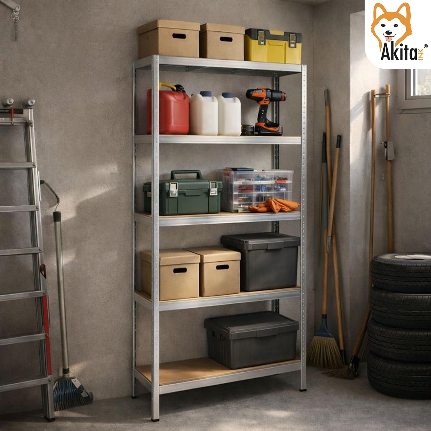 AKITAInk Scaffale in Metallo Zincato 180×90×40 cm, 5 Ripiani in MDF, Portata 175 kg/Ripiano - Singolo o Set 2 Pezzi (1)