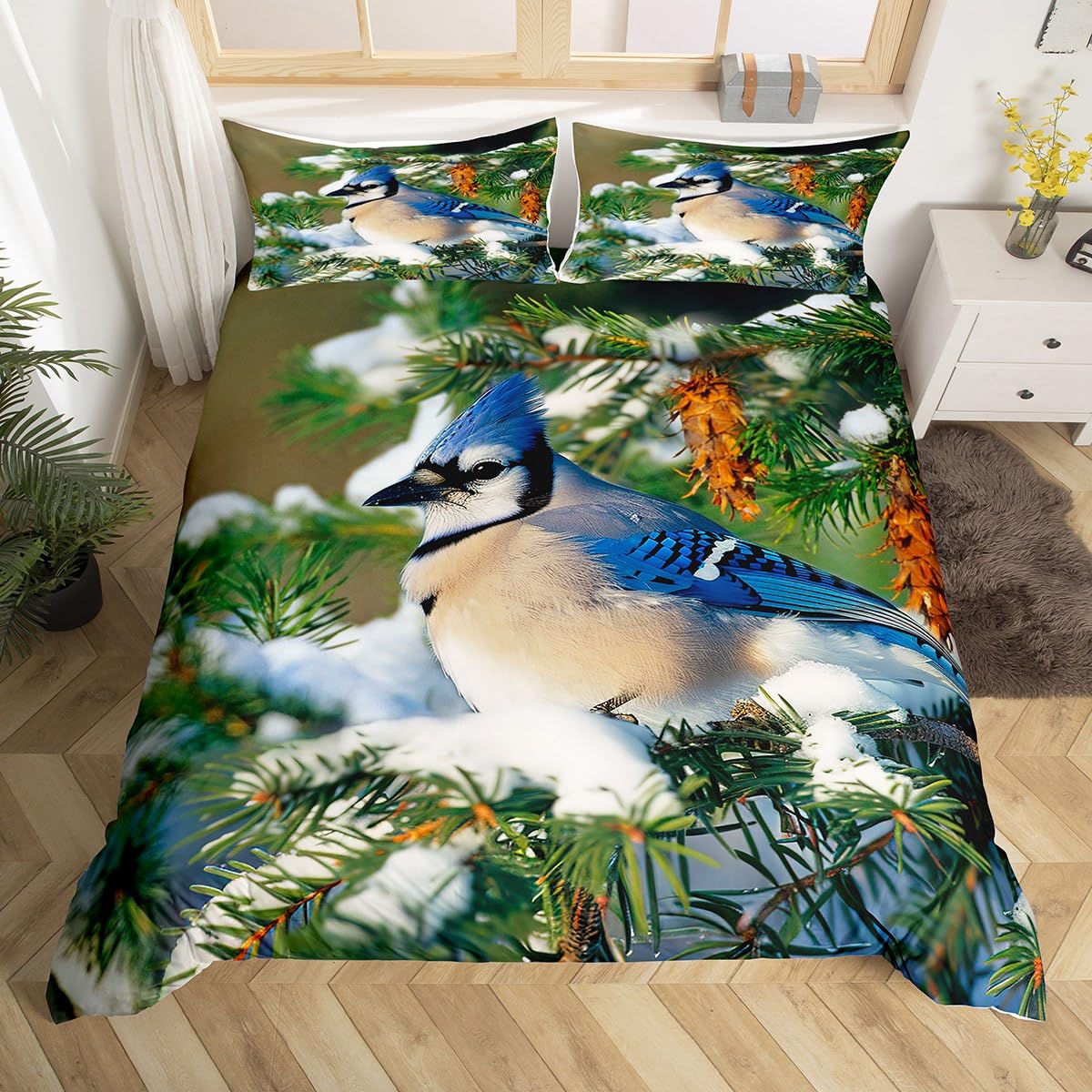 Erosebridal Blue Jay Bedding Set North American Animal Comforter Cover for Child Girls Youth,Spruce Tree Duvet Cover Winter Scenery Home Bedroom Decor Full Size 3Pcs with 2 Pillow Cases