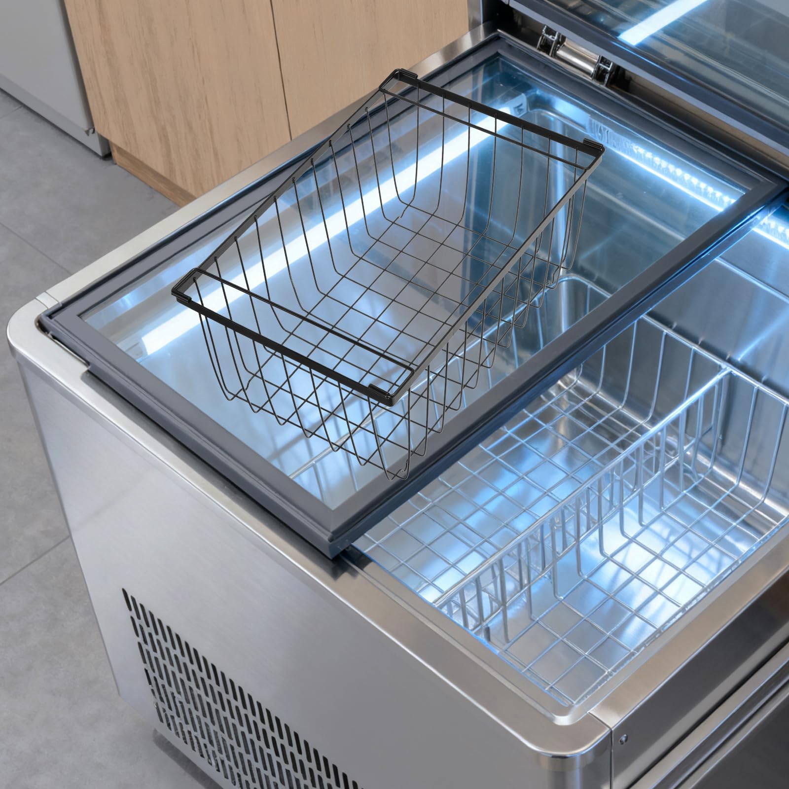 TOPBATHY Cestas de Alambre Metálico para Congelador Horizontal Grandes Negras, Organizador Colgante para Almacenamiento de Alimentos en Cocina, Cesta Resistente para Orden y Uso