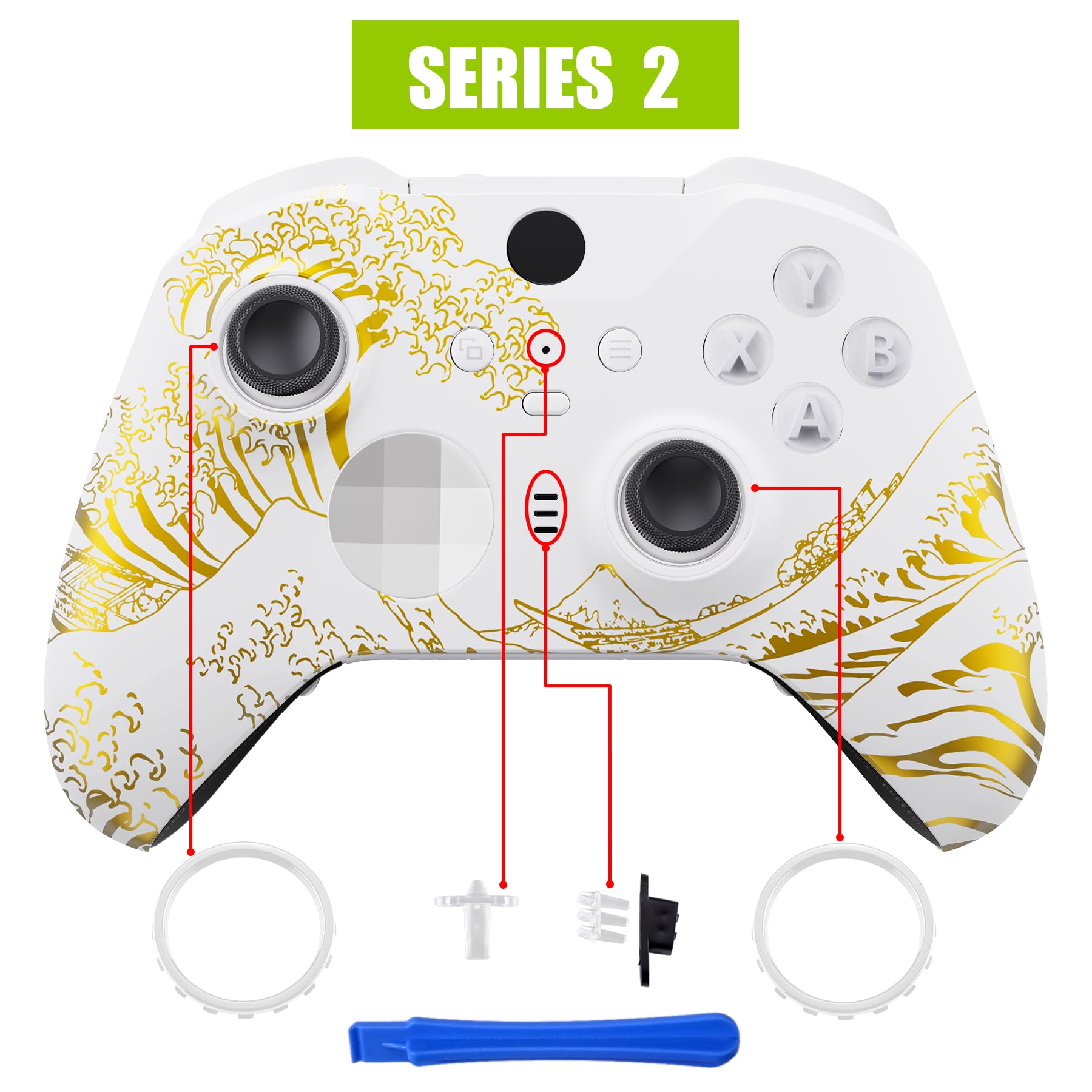 eXtremeRate Custodia Cover per Xbox Elite Series 2 Controller Model 1797,Scocca Case Frontale Ricambio per Xbox Elite Series 2 Wireless Controller Core&2 Anelli-Grande Onda d'Oro Bianca - 5