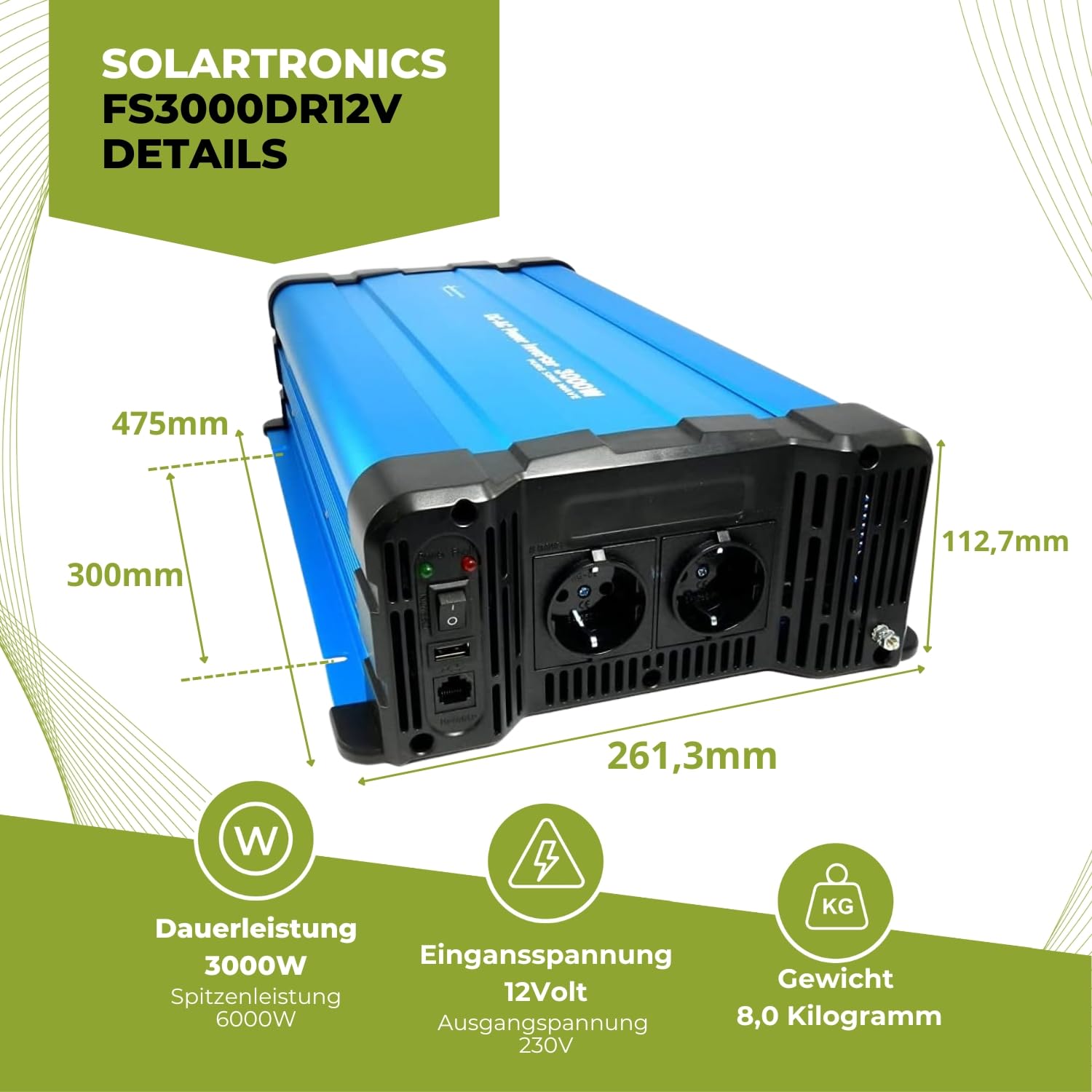 Solartronics Przetwornica napięcia FS3000DR 12V do 230V 3000 W czysty sinusoidalny pilot zdalnego sterowania opcjonalny falownik solarny - z radiem CRW88