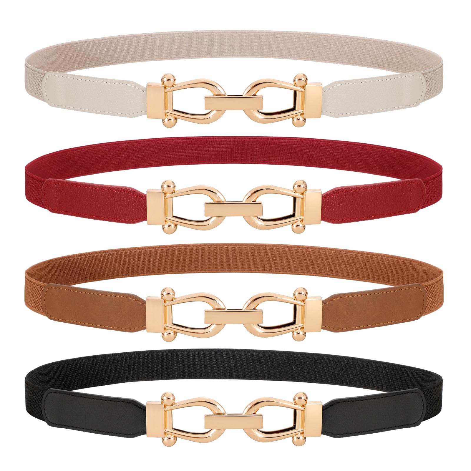 WERFORU 4 Pack Women Skinny Elastic Waist Belt Gold Buckle Stretchy Thin Belt for Jeans Dress