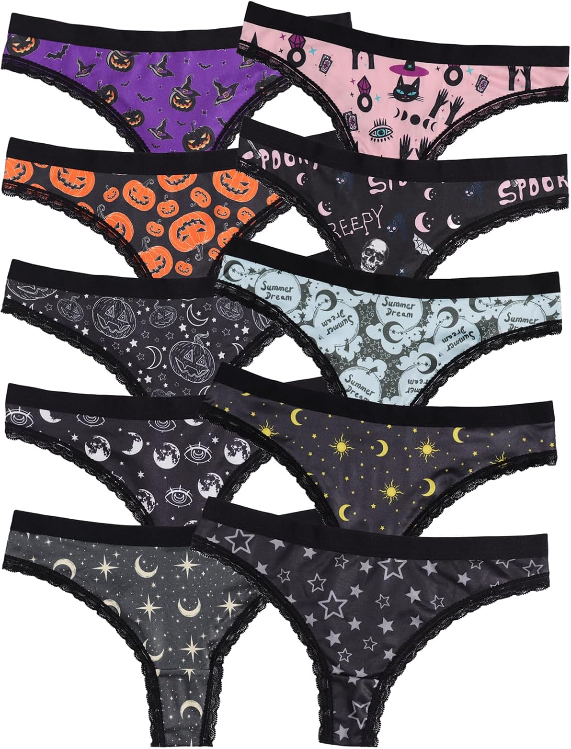 Morvia Variety of Panties Thongs Sexy Cute Chic Gothic Contrast Lace Halloween Skulls Stars Inspired Print Random Underwear