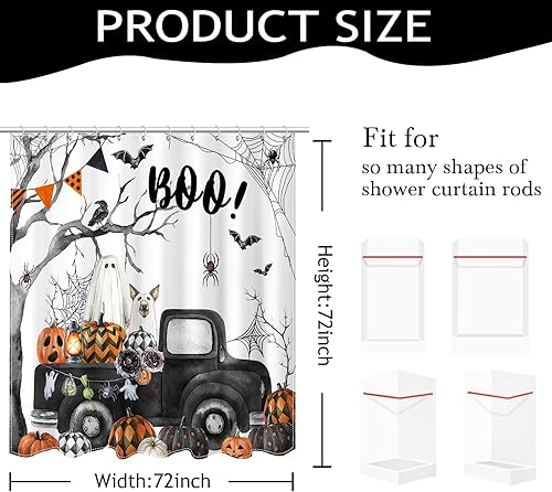 Miniatura 3 de Mocsicka Cortina de ducha de Halloween para decoración de baño, divertida y bonita calabaza espeluznante, cortina de ducha con 12 ganchos, 72 x 72