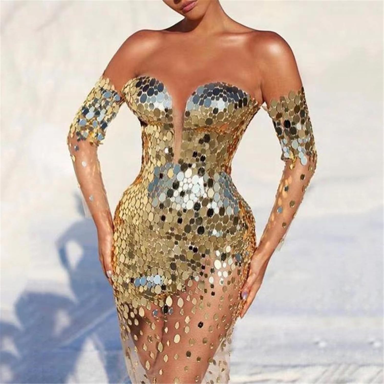 Women Long Sleeve Bare Shoulder Sequined Dress See Through Gauze Spliced Bodycon Party Cocktail Evening Dress - Image 7