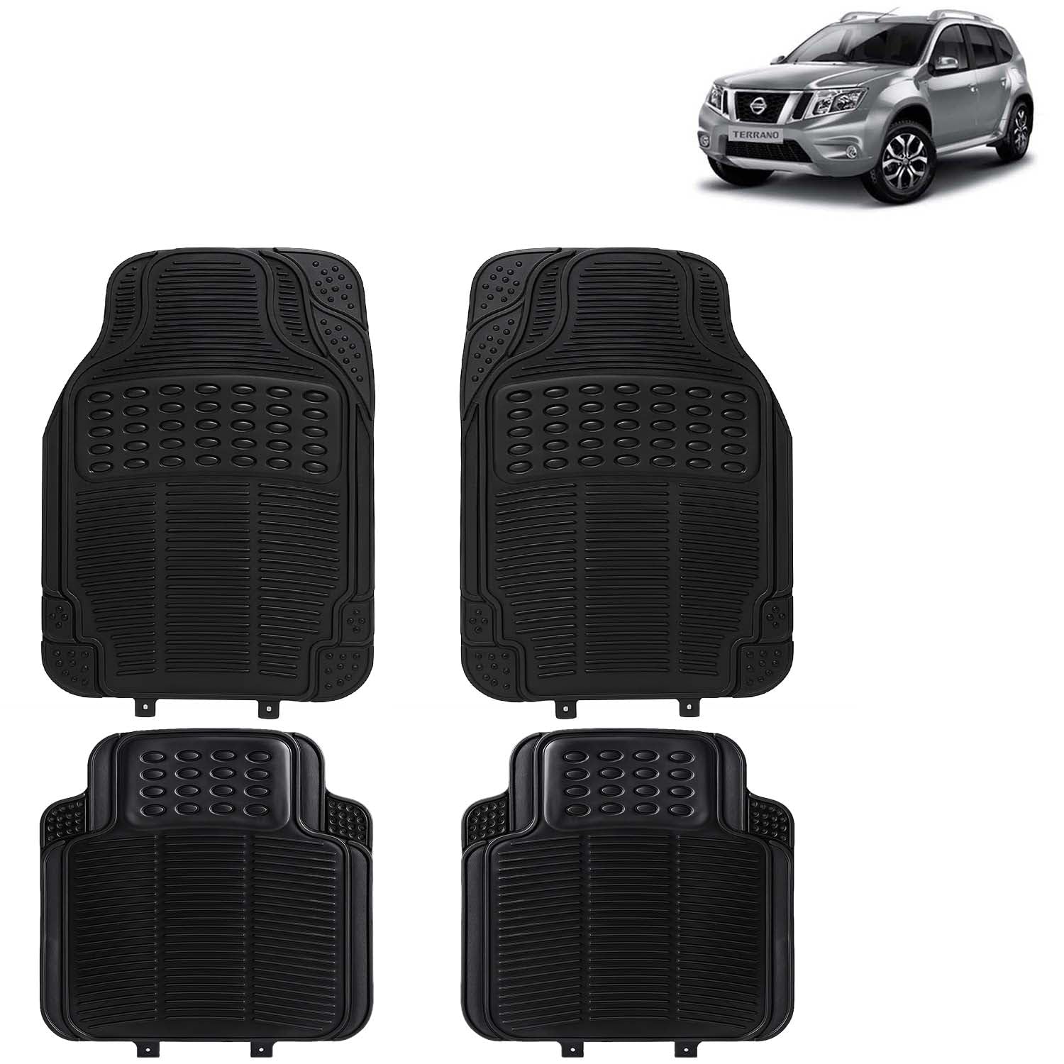 KINGSWAY Accessories Universal Use Anti Skid PVC Car Mat Compatible with Nissan Terrano Year 2009 to 2018, Set of 4 Pcs Anti Slip Car Floor Rubber Mats, All Weather Car Foot Mats, Black