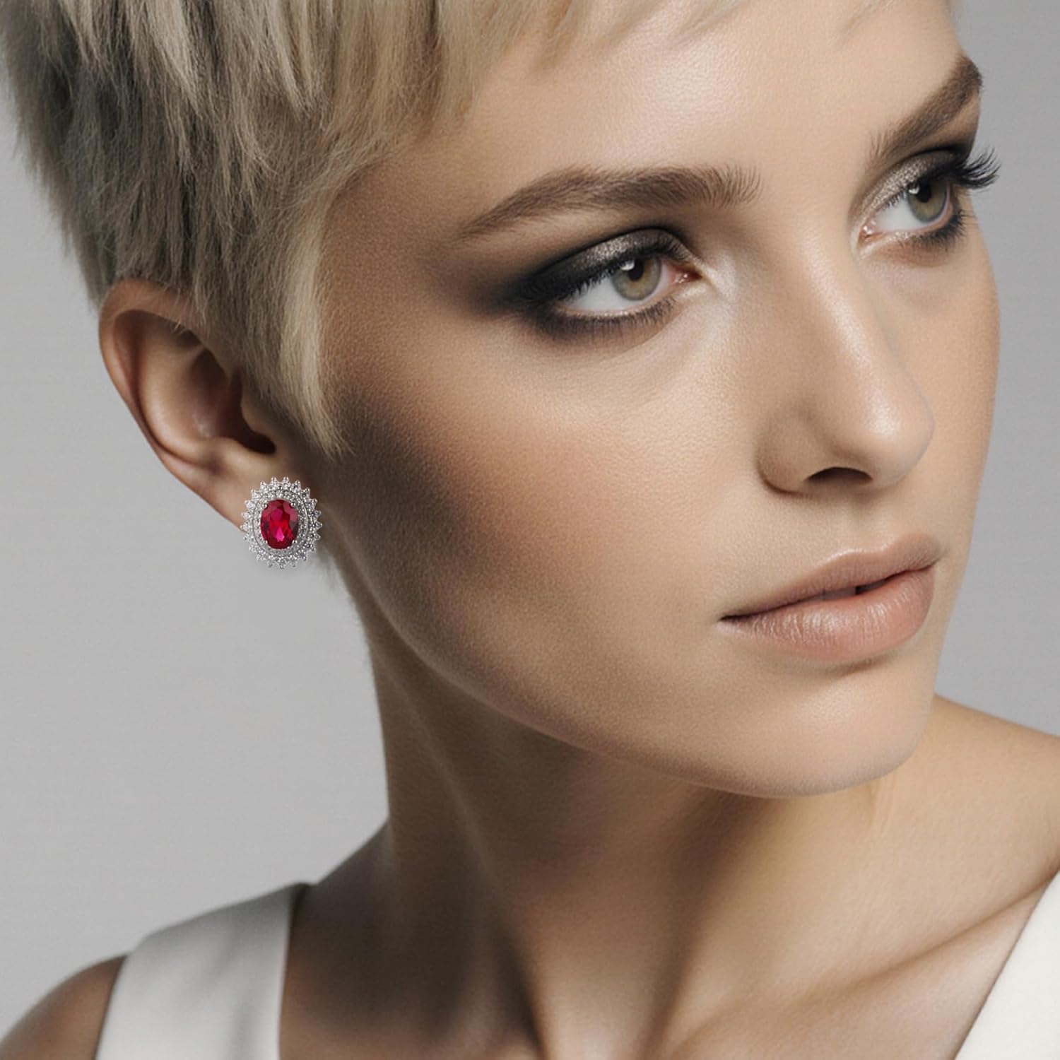 Birthstone Stud Earrings for Women: 12x15mm Oval Created Gemstone with 5A CZ Halo, 925 Sterling Silver. Princess Diana Inspired Valentine‘s Day Gift for Wife, Girlfriend. - Image 2