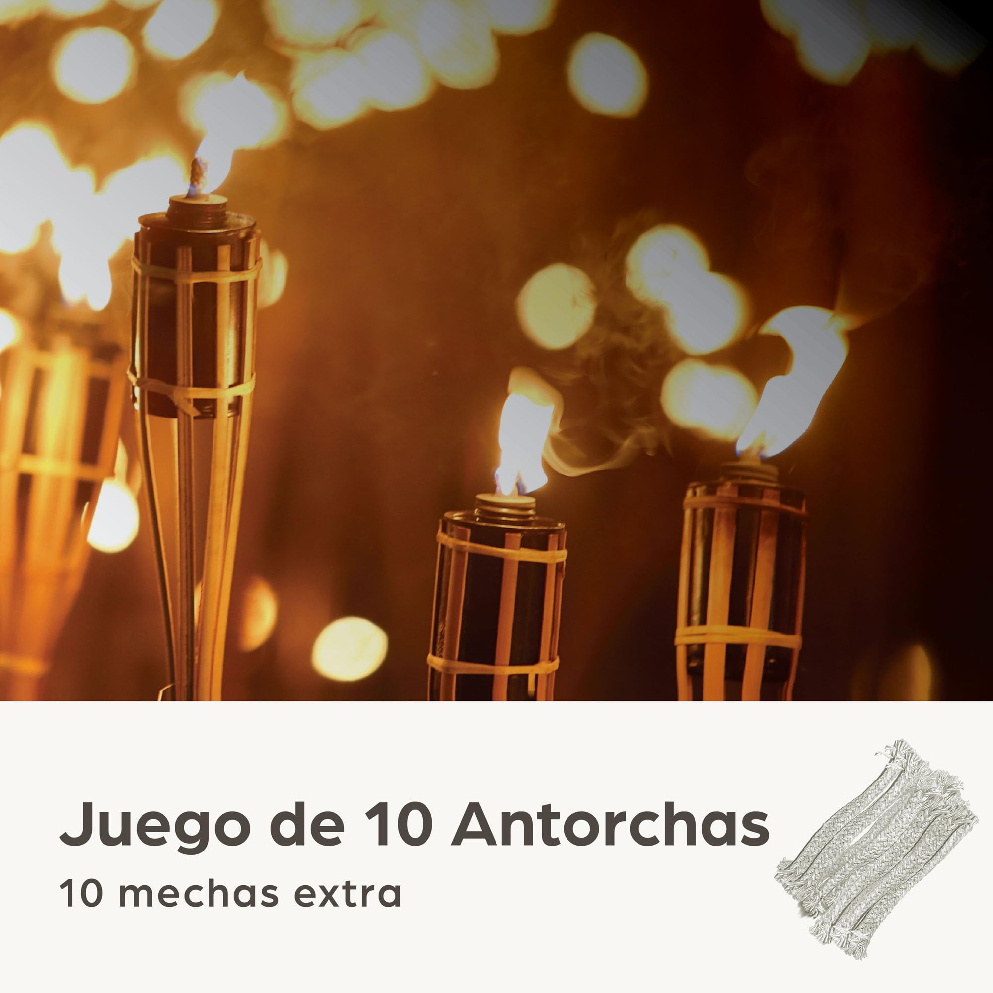 Antorchas Jardín en Bambú 90 CM - 10 Antorchas con 10 Extra Mechas - Larga Duración del Fuego - Recargables