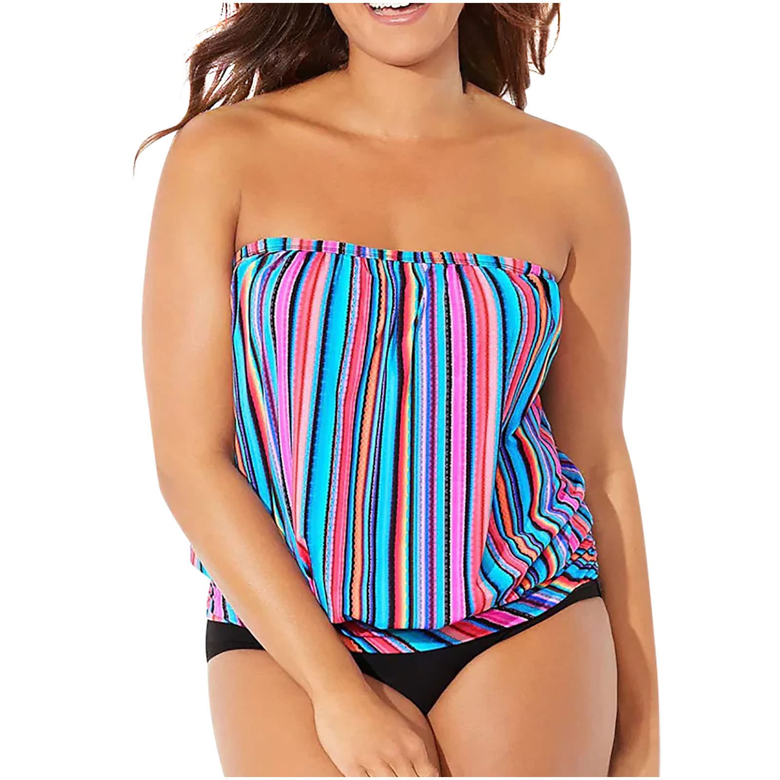 Rkaixuni Women's A2#Blue Prime Big Day 2024 Deal 2024 Two Piece Bandeau Tankini Swimsuits For Loose Blouson Swim Top With Bikini Bottom Tummy Control Shorts