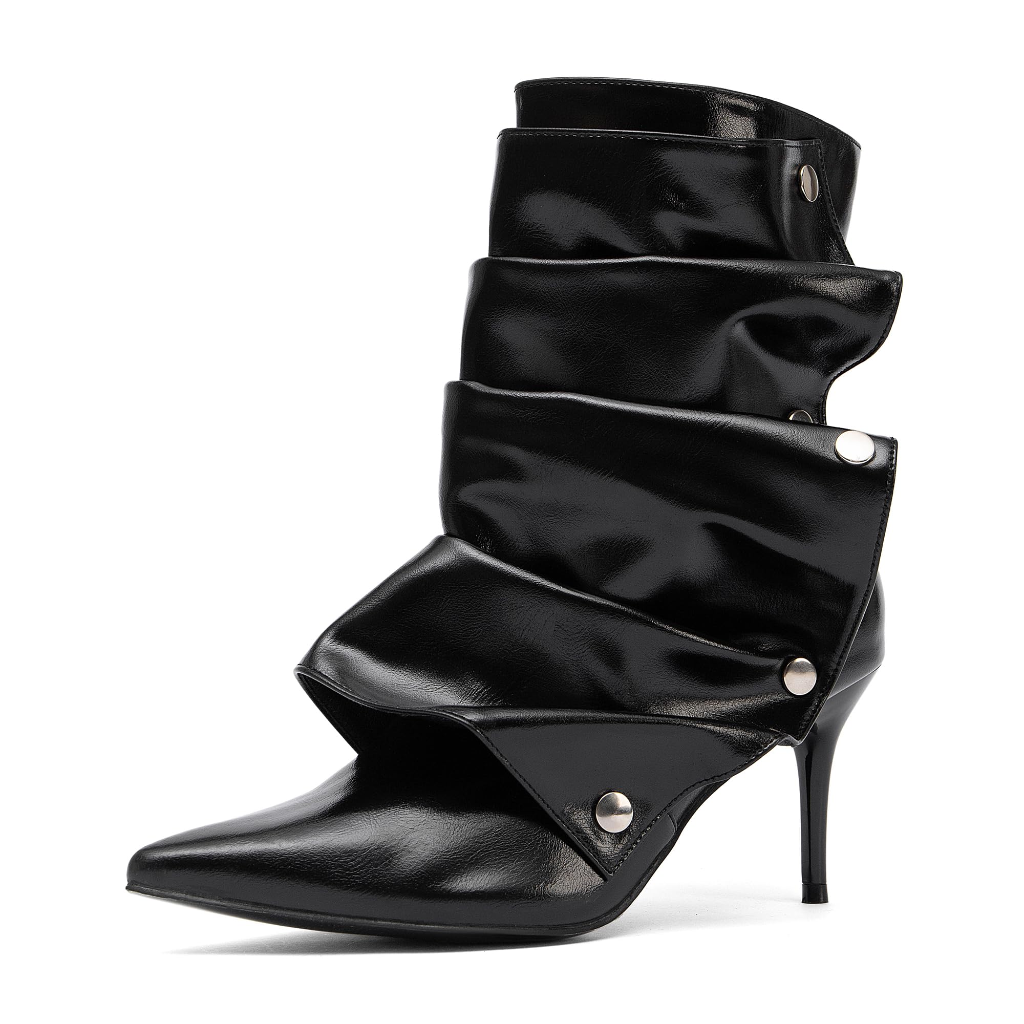 NEWBELLA Womens Pointed Toe Stiletto Ankle Boots - Rivet Decorated Pleated Faux Leather Chelsea Boots Fashion Short Booties